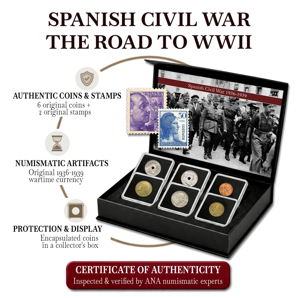 Colección Auténtica de Monedas y Sellos de la Guerra Civil Española | 6 Monedas Históricas + 2 Sellos Oficiales de España (1936-1939)