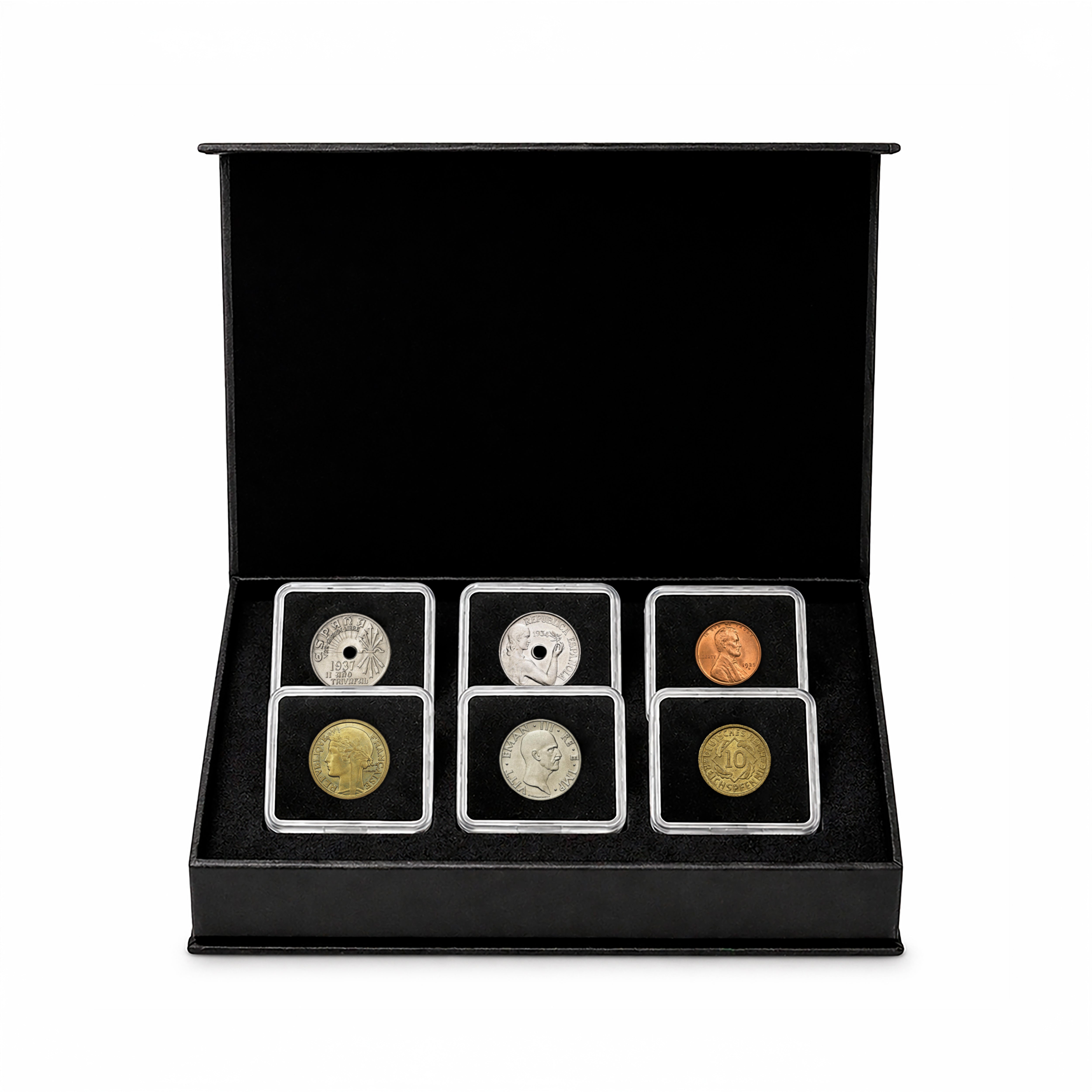 Colección Auténtica de Monedas y Sellos de la Guerra Civil Española | 6 Monedas Históricas + 2 Sellos Oficiales de España (1936-1939)