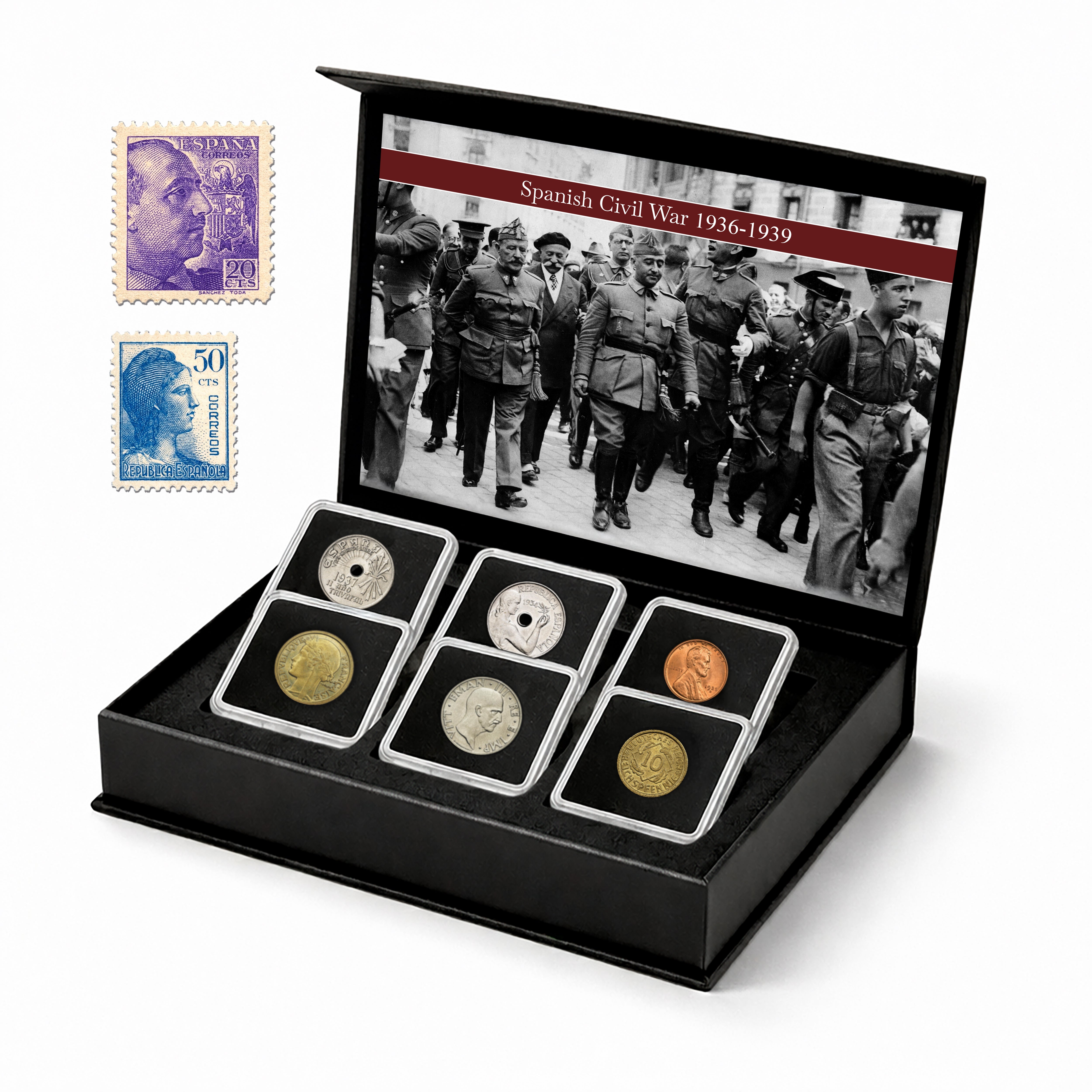 Colección Auténtica de Monedas y Sellos de la Guerra Civil Española | 6 Monedas Históricas + 2 Sellos Oficiales de España (1936-1939)