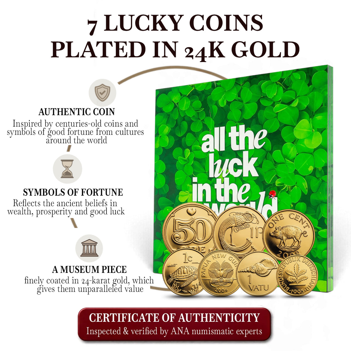 7 monedas auténticas bañadas en Oro 24K - Lucky Coins | Certificadas