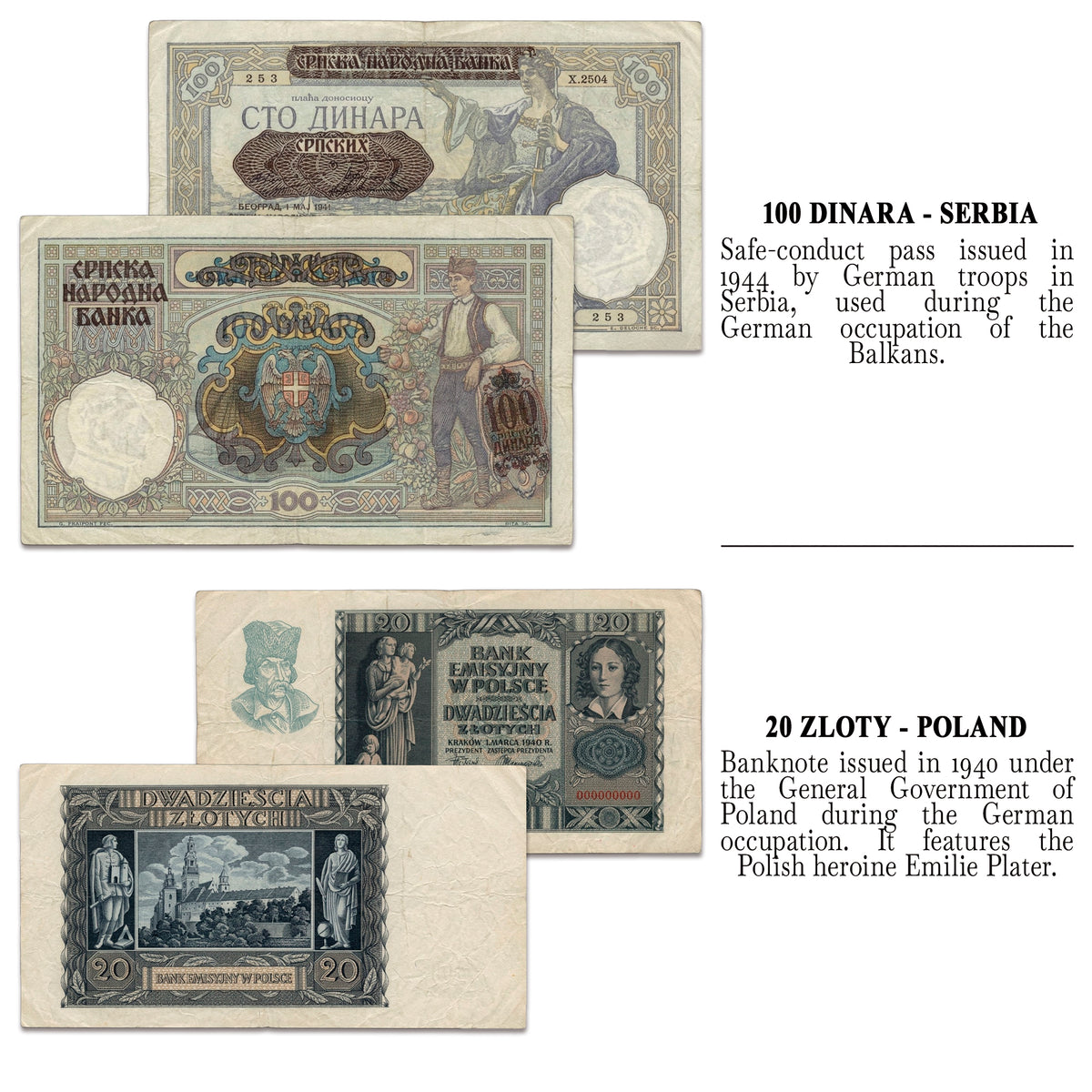 2 authentic World War II banknotes - Occupation Money of the Third Reich (1939-1945) | Certificated