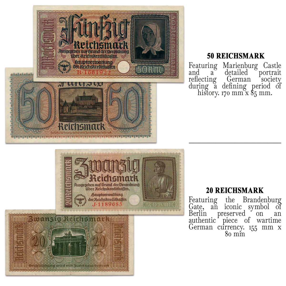 2 banconote autentiche della Seconda Guerra Mondiale - Il denaro delle truppe tedesche (1939-1942) | Certificati