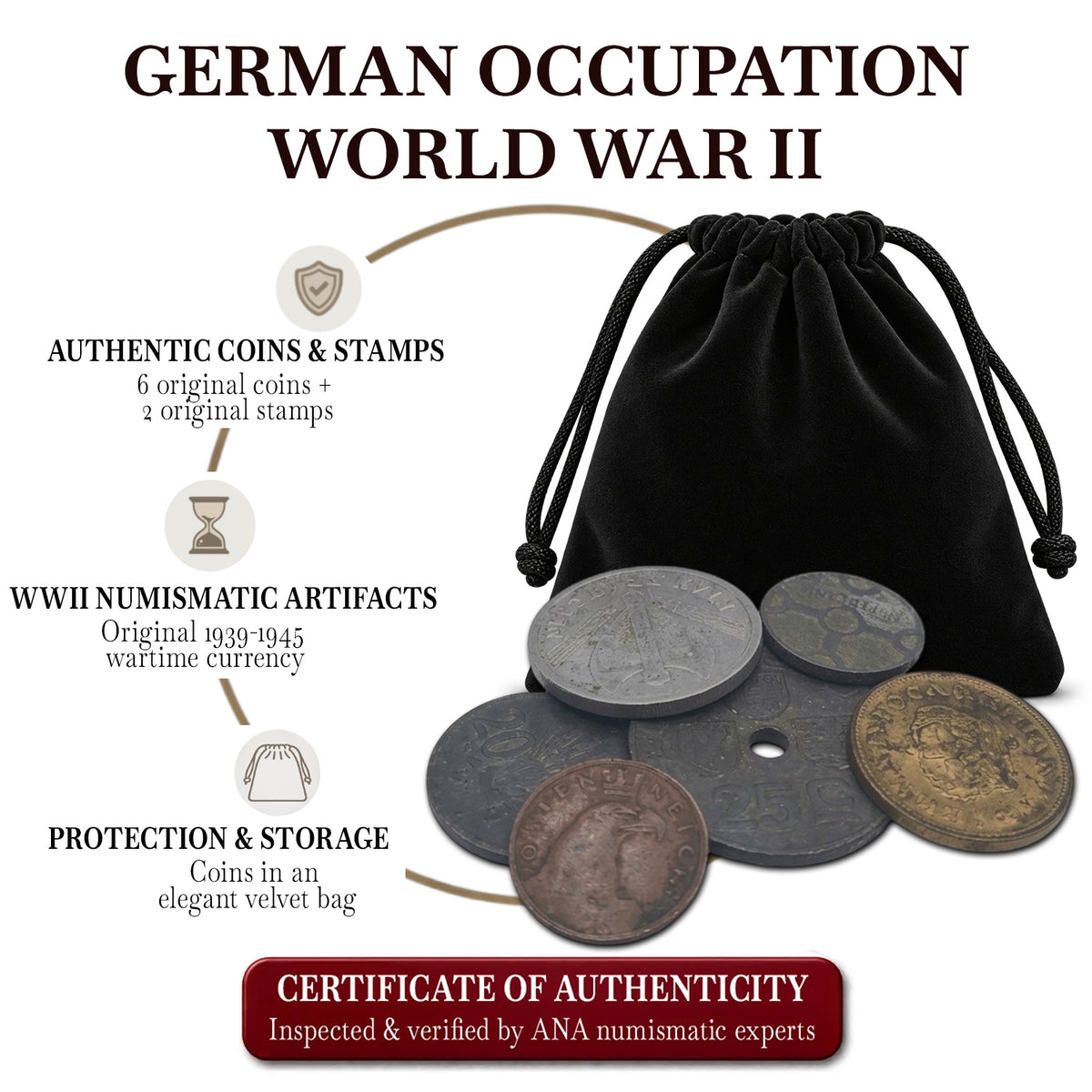 6 authentic World War II coins - Occupied Territories in bag (1925-1945) | Certified