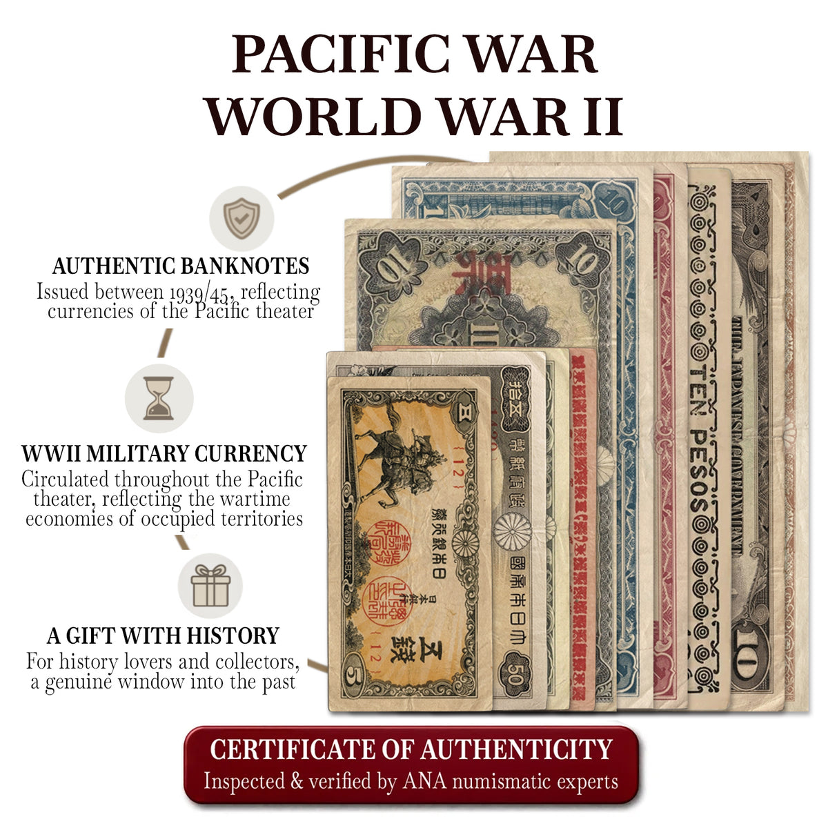 10 billetes auténticos de la Segunda Guerra Mundial - La Guerra del Pacífico (1939-1945) | Certificados