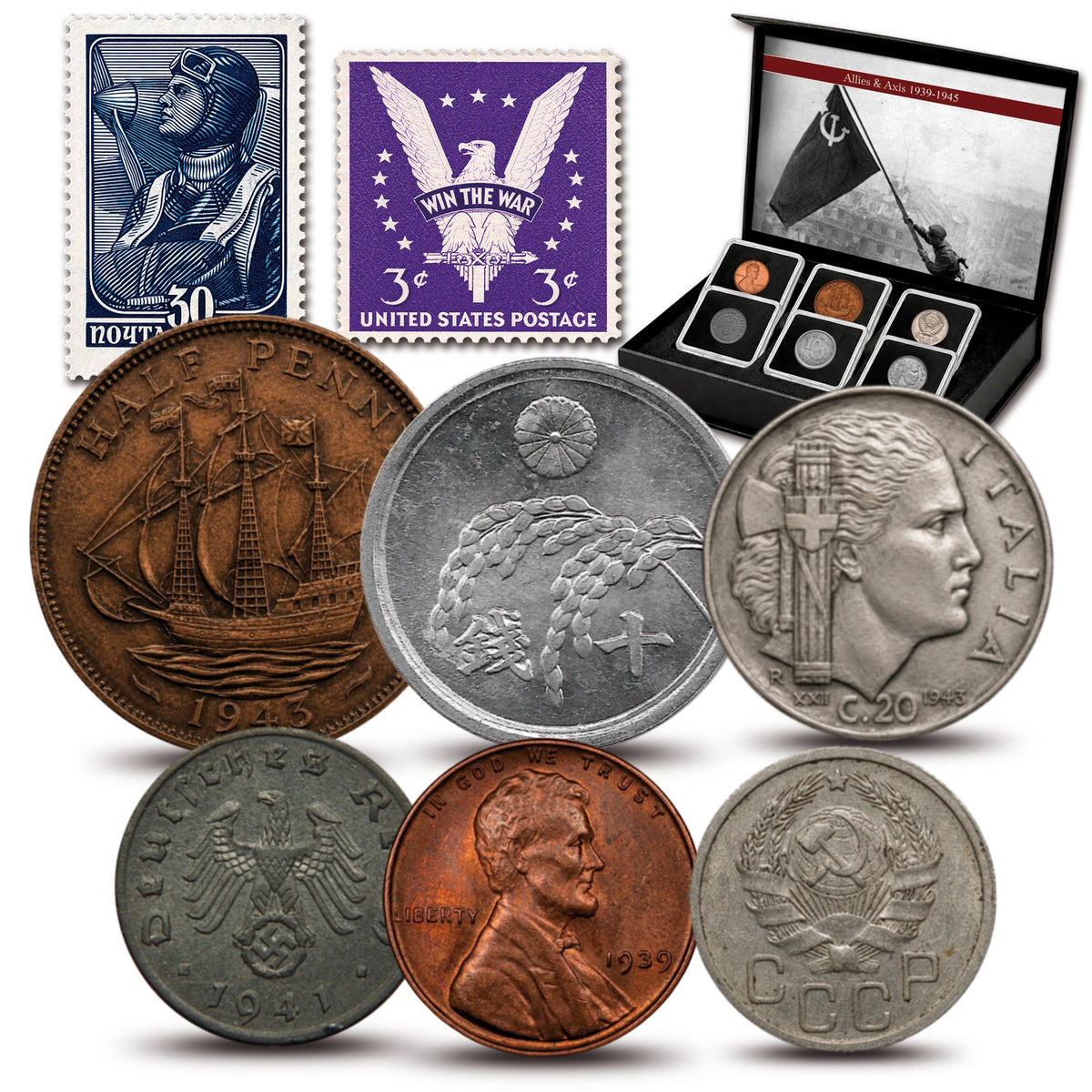 6 monedas auténticas de la Segunda Guerra Mundial - Aliados & Eje (1939-1945) | Certificadas