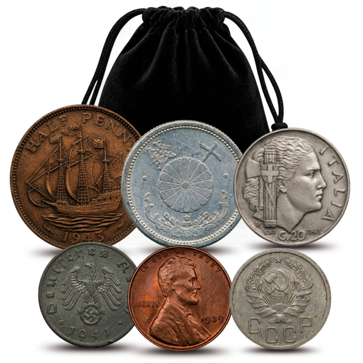 6 monedas auténticas de la Segunda Guerra Mundial - Aliados & Eje en bolsa (1939-1945) | Certificadas