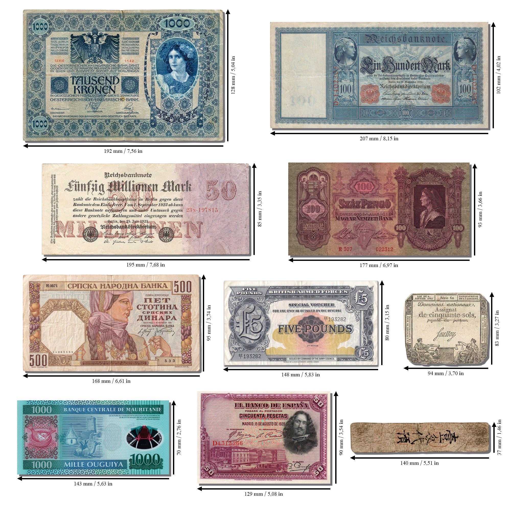 10 authentic banknotes - 4 Centuries Collection 1792-2014 | Certificated