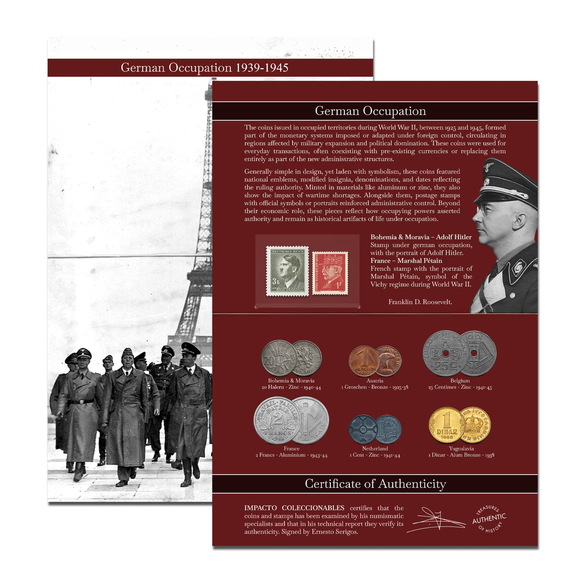 6 monedas auténticas y 2 sellos de la Segunda Guerra Mundial - Territorios Ocupados (1925-1945) | Certificadas