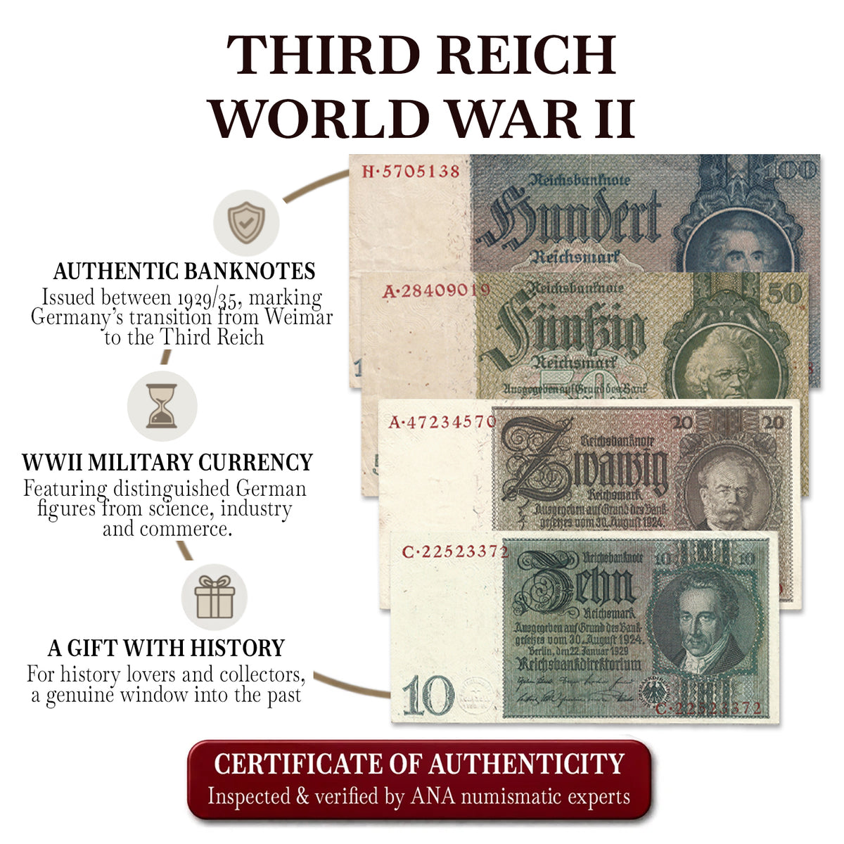 4 billetes auténticos del Tercer Reich - El Dinero del Reich (1929, 1933, 1935) | Certificados