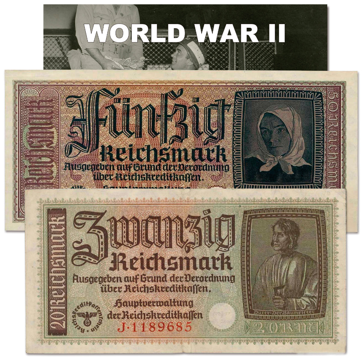 2 banconote autentiche della Seconda Guerra Mondiale - Il denaro delle truppe tedesche (1939-1942) | Certificati