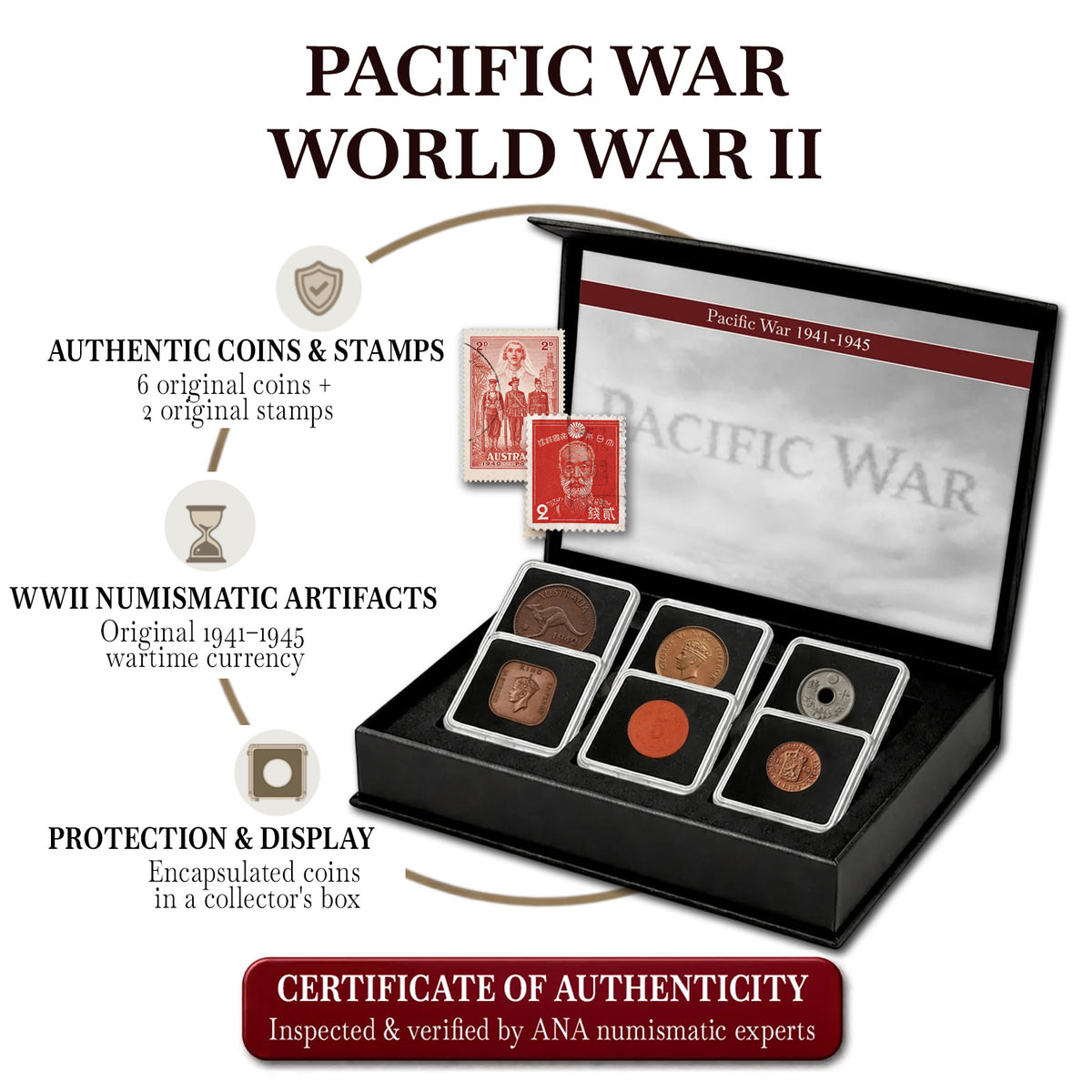 6 monete autentiche della Seconda Guerra Mondiale - La Guerra del Pacifico (1938-1945) | Certificate