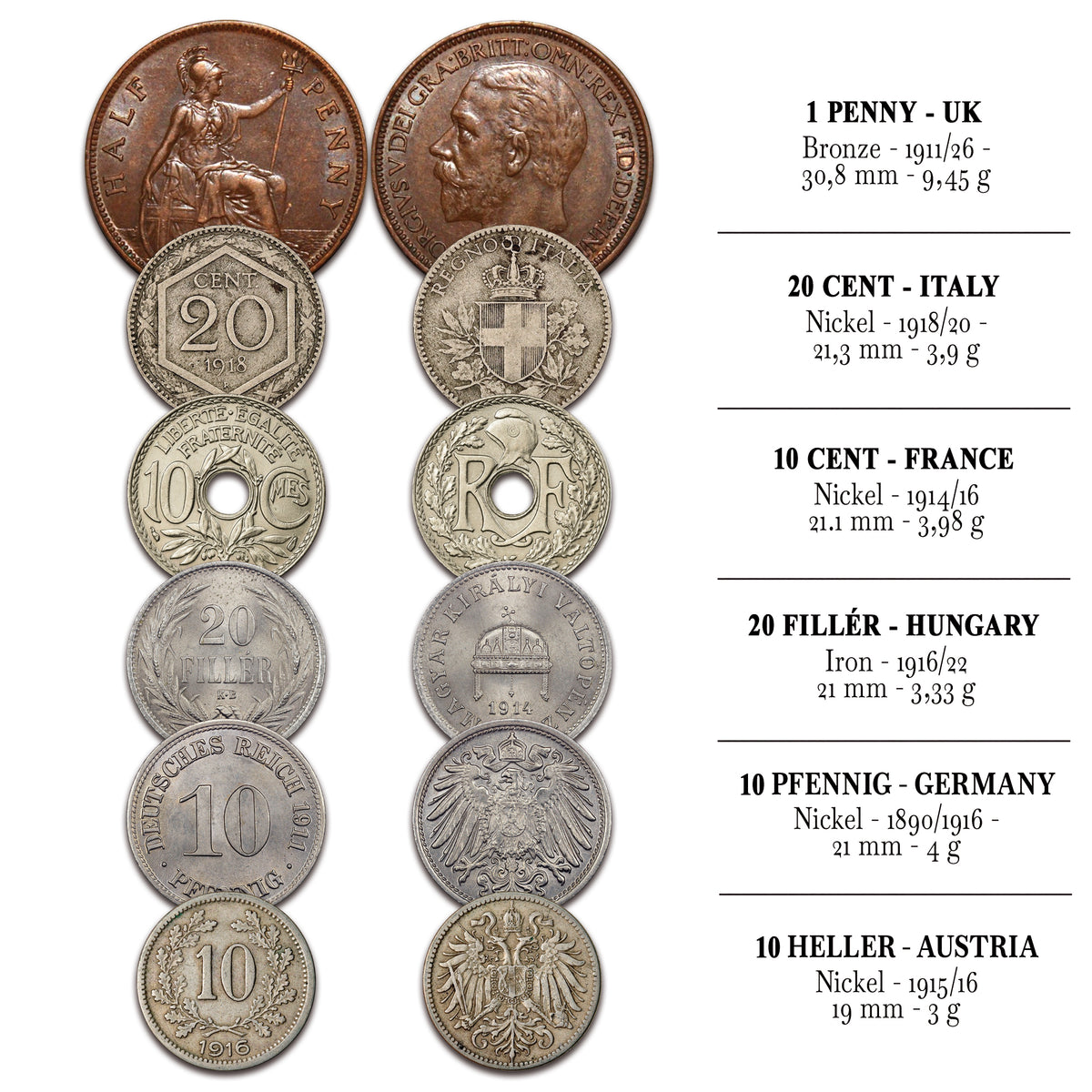 6 monedas auténticas de la Primera Guerra Mundial - (1914-1918) | Certificadas