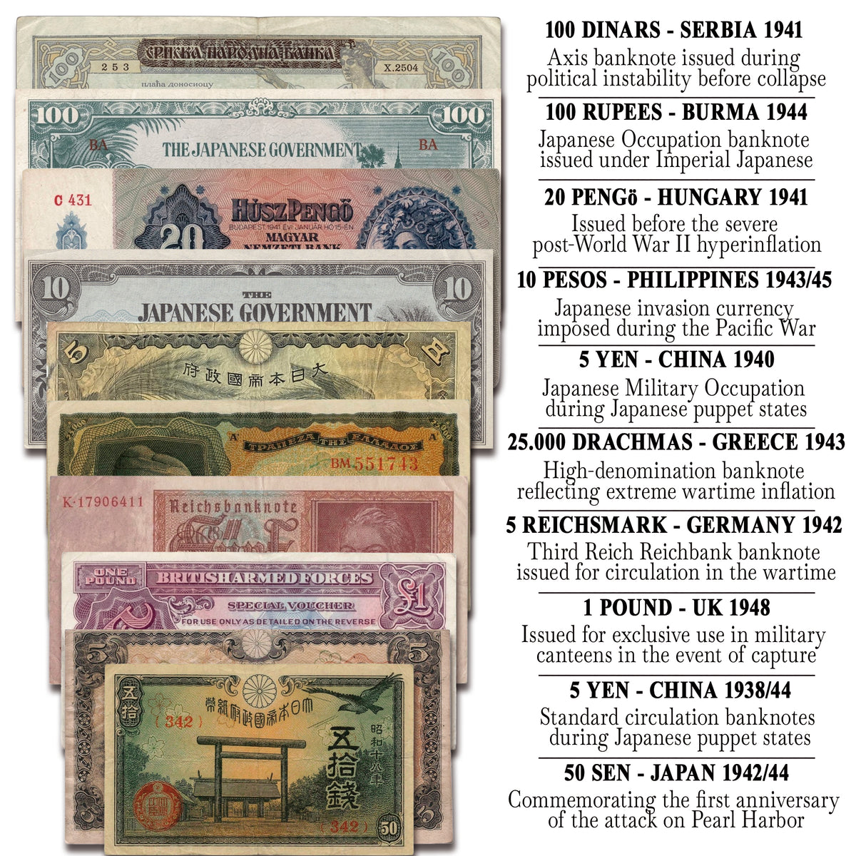 10 authentic World War II banknotes - Allies & Axis (1939-1945) | Certified