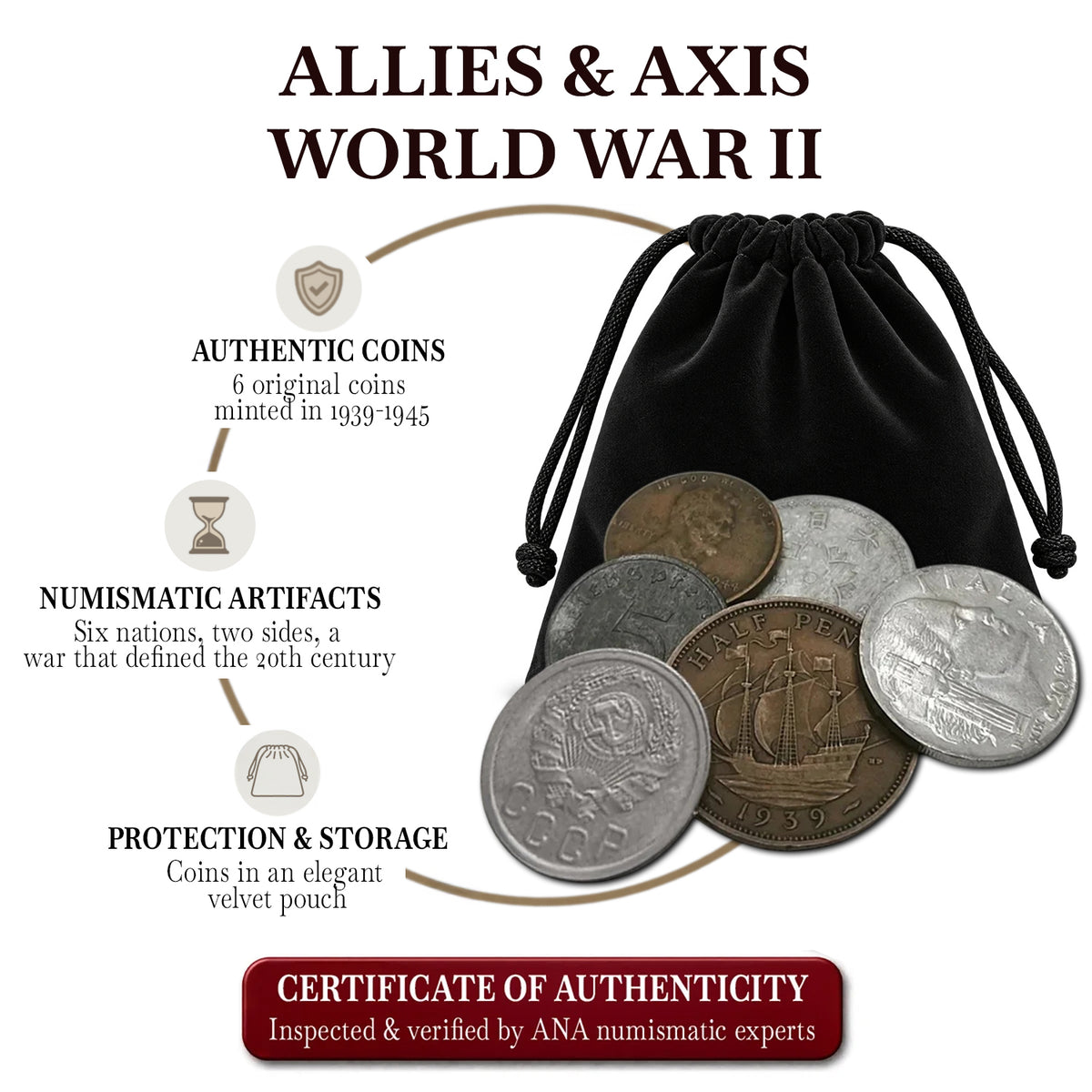 6 monedas auténticas de la Segunda Guerra Mundial - Aliados & Eje en bolsa (1939-1945) | Certificadas