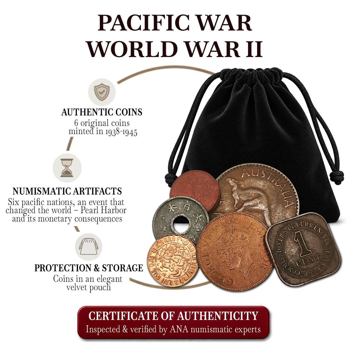 6 monedas auténticas de la Segunda Guerra Mundial - Pearl Harbor en bolsa (1938-1945) | Certificadas
