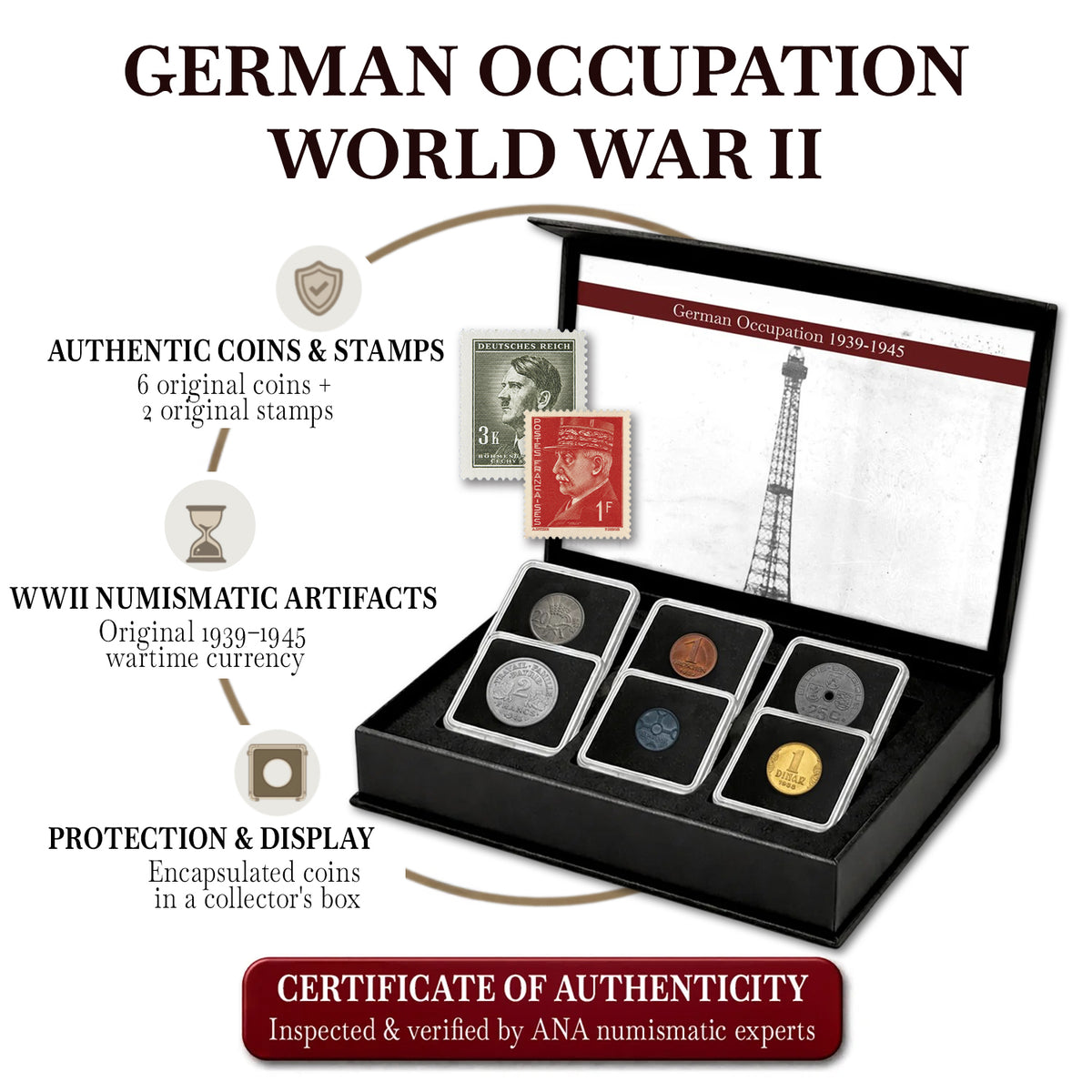 6 monete autentiche della Seconda Guerra Mondiale - Territori occupati (1925-1945) | Certificate