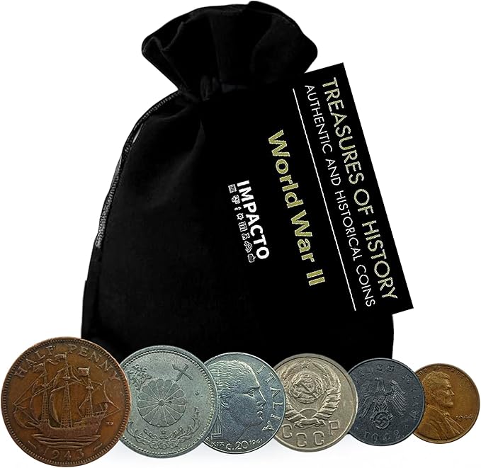 6 monedas auténticas de la Segunda Guerra Mundial - Aliados & Eje en bolsa (1939-1945) | Certificadas