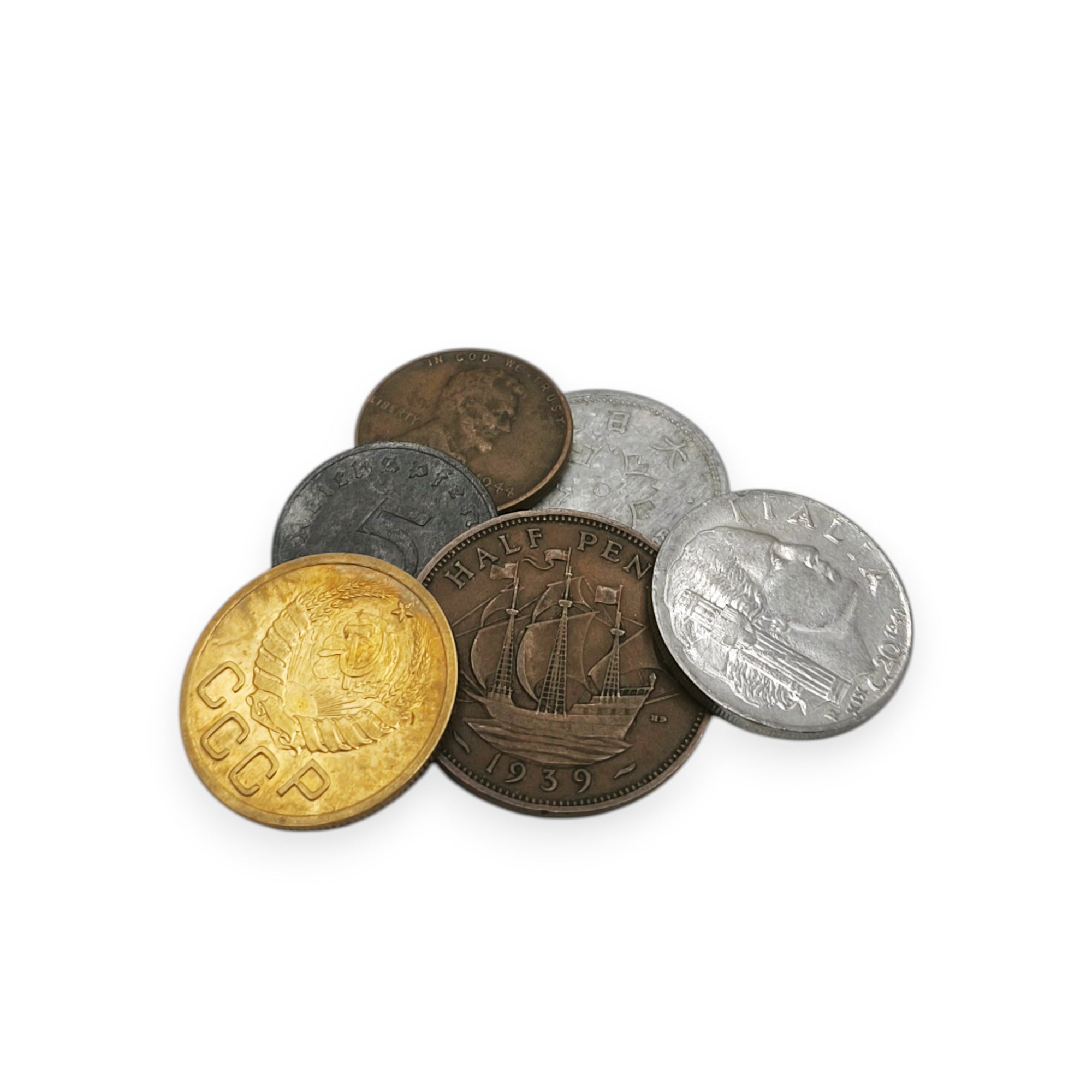 6 monedas auténticas de la Segunda Guerra Mundial - Aliados & Eje en bolsa (1939-1945) | Certificadas