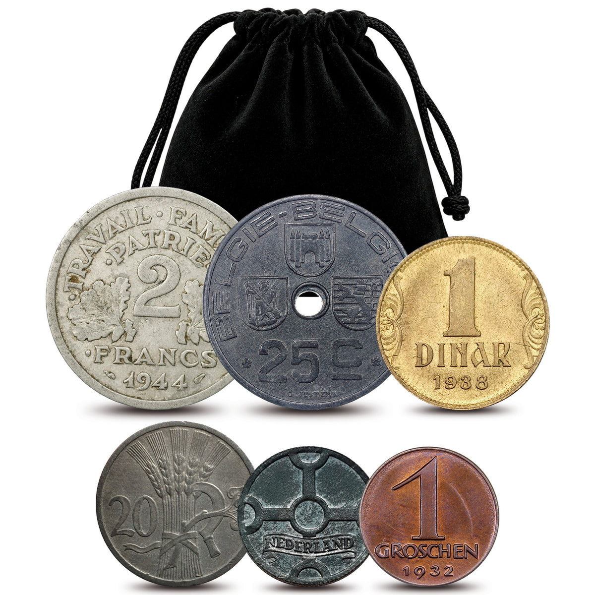 6 authentic World War II coins - Occupied Territories in bag (1925-1945) | Certified