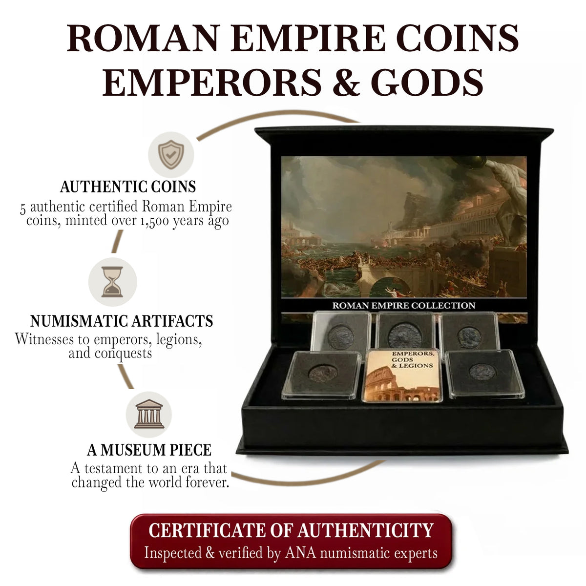 5 Monedas auténticas del Imperio Romano - Emperadores, Dioses y Legiones | Certificadas