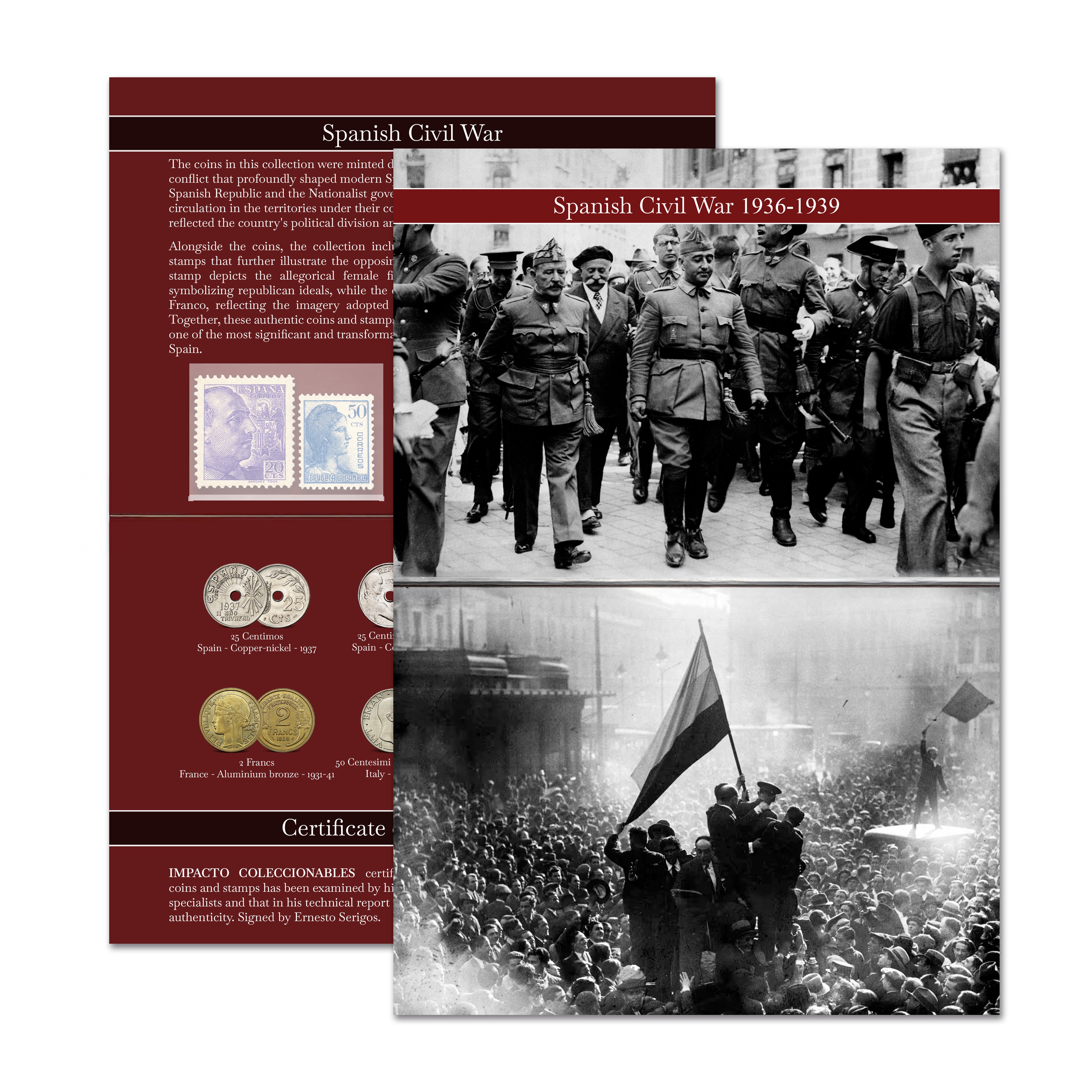 Colección Auténtica de Monedas y Sellos de la Guerra Civil Española | 6 Monedas Históricas + 2 Sellos Oficiales de España (1936-1939)