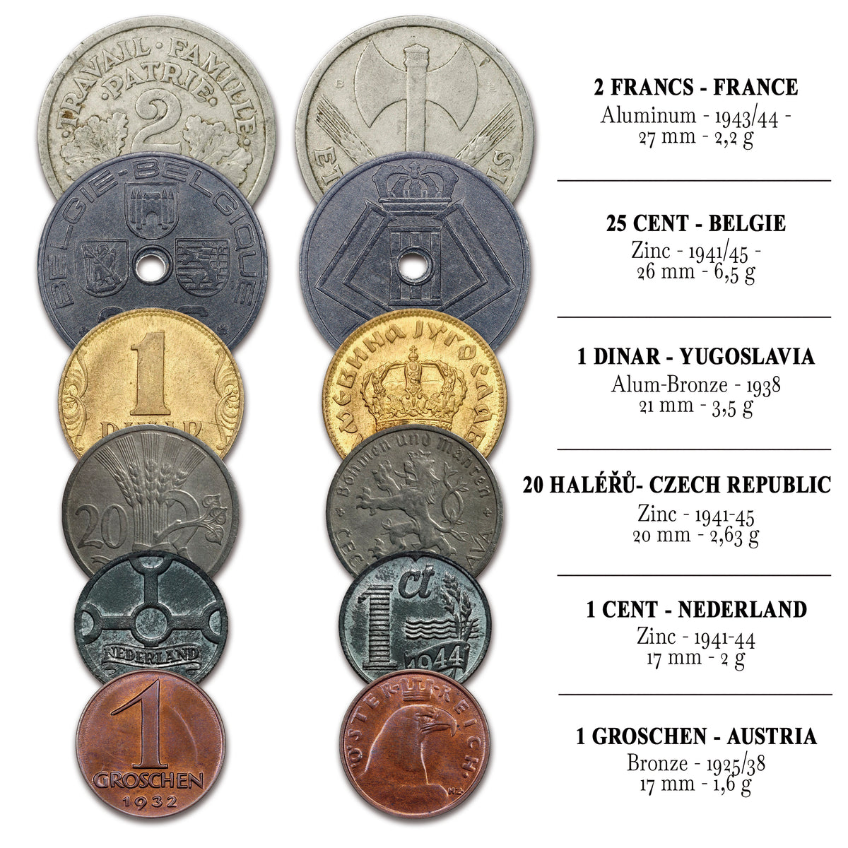 6 authentic World War II coins - Occupied Territories in bag (1925-1945) | Certified