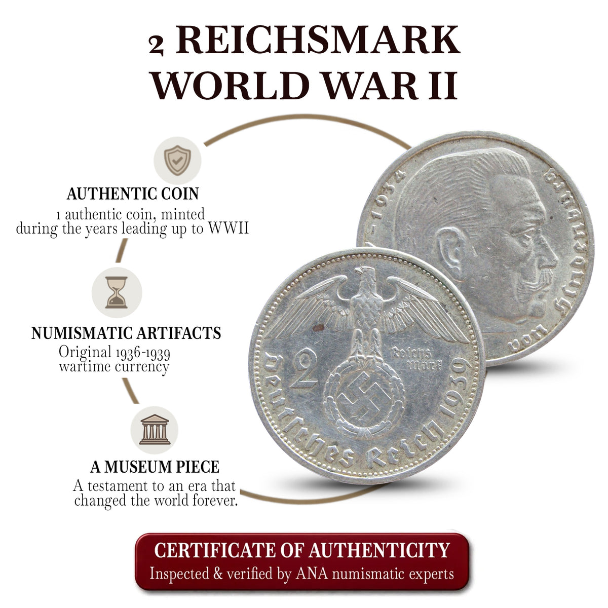 Moneda auténtica de Plata de la Segunda Guerra Mundial - Los 2 Marcos Nazis (1936-1939) | Certificada