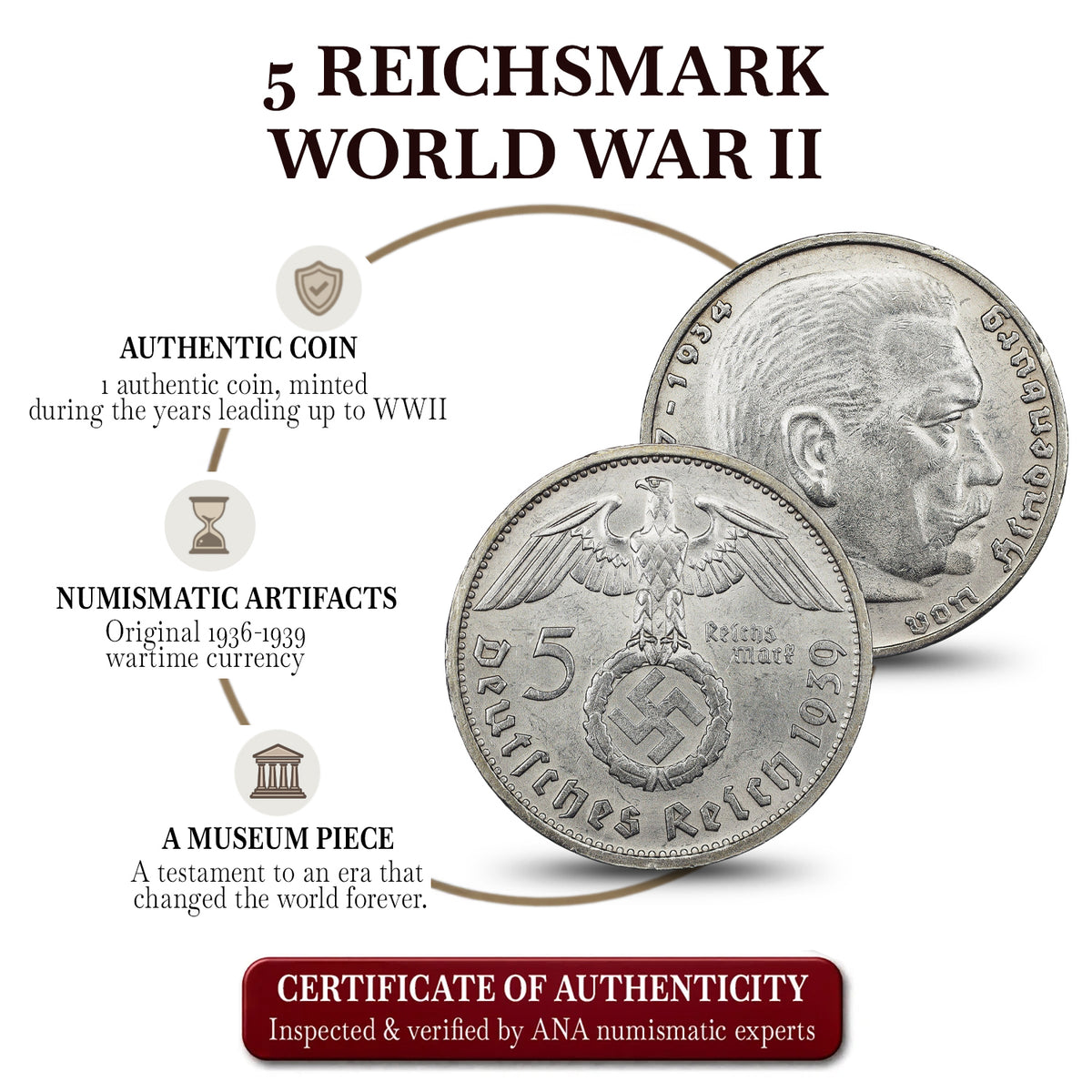 Moneda auténtica de Plata de la Segunda Guerra Mundial - Los 5 Marcos Nazis (1936-1939) | Certificada