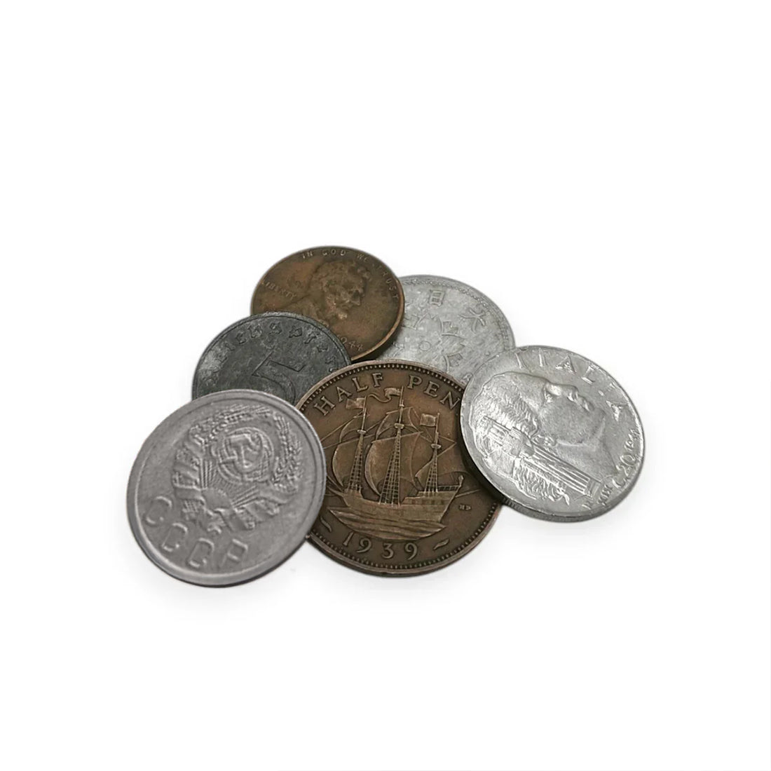 6 monedas auténticas de la Segunda Guerra Mundial - Aliados & Eje en bolsa (1939-1945) | Certificadas