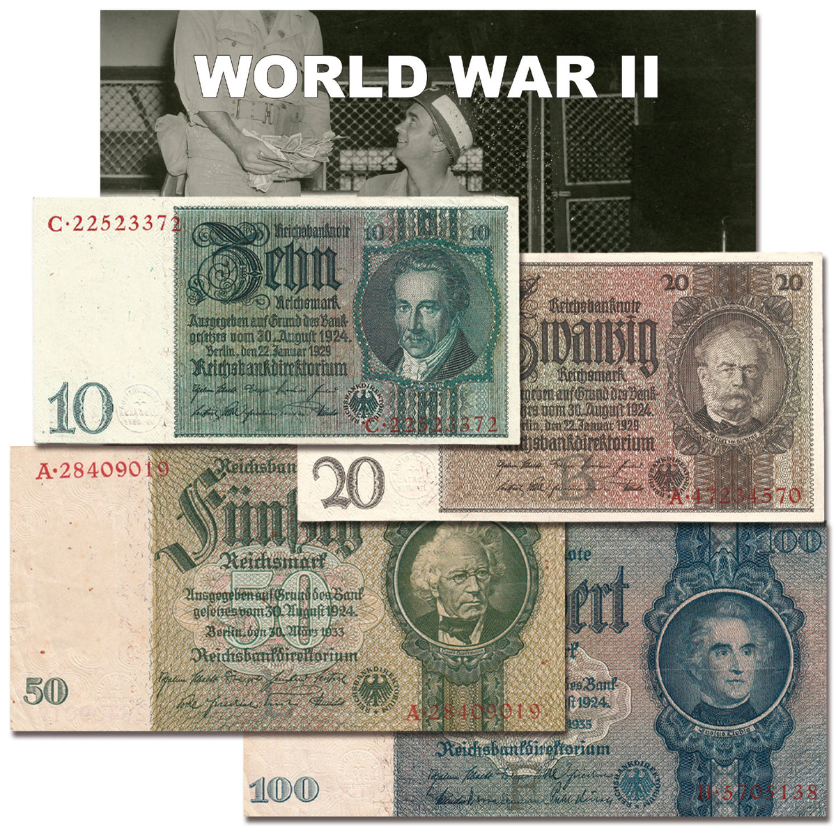 4 billetes auténticos del Tercer Reich - El Dinero del Reich (1929, 1933, 1935) | Certificados