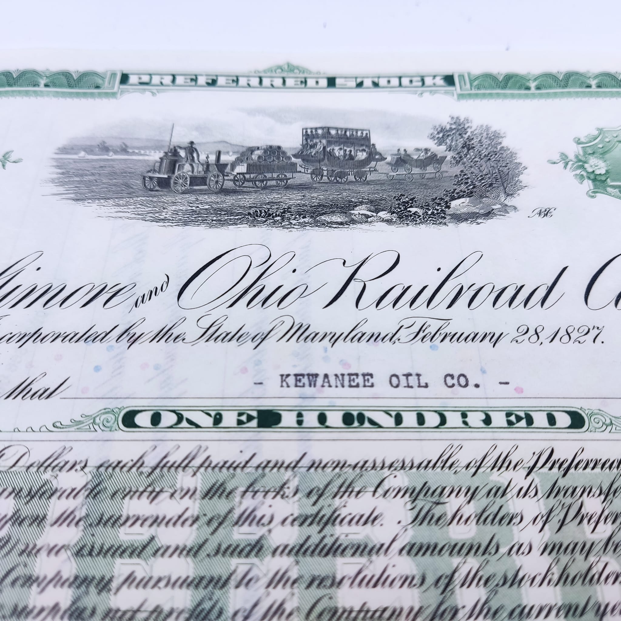 Certificados de acciones de la Baltimore and Ohio Railroad Company El primer ferrocarril de transporte público y el más antiguo de los Estados Unidos