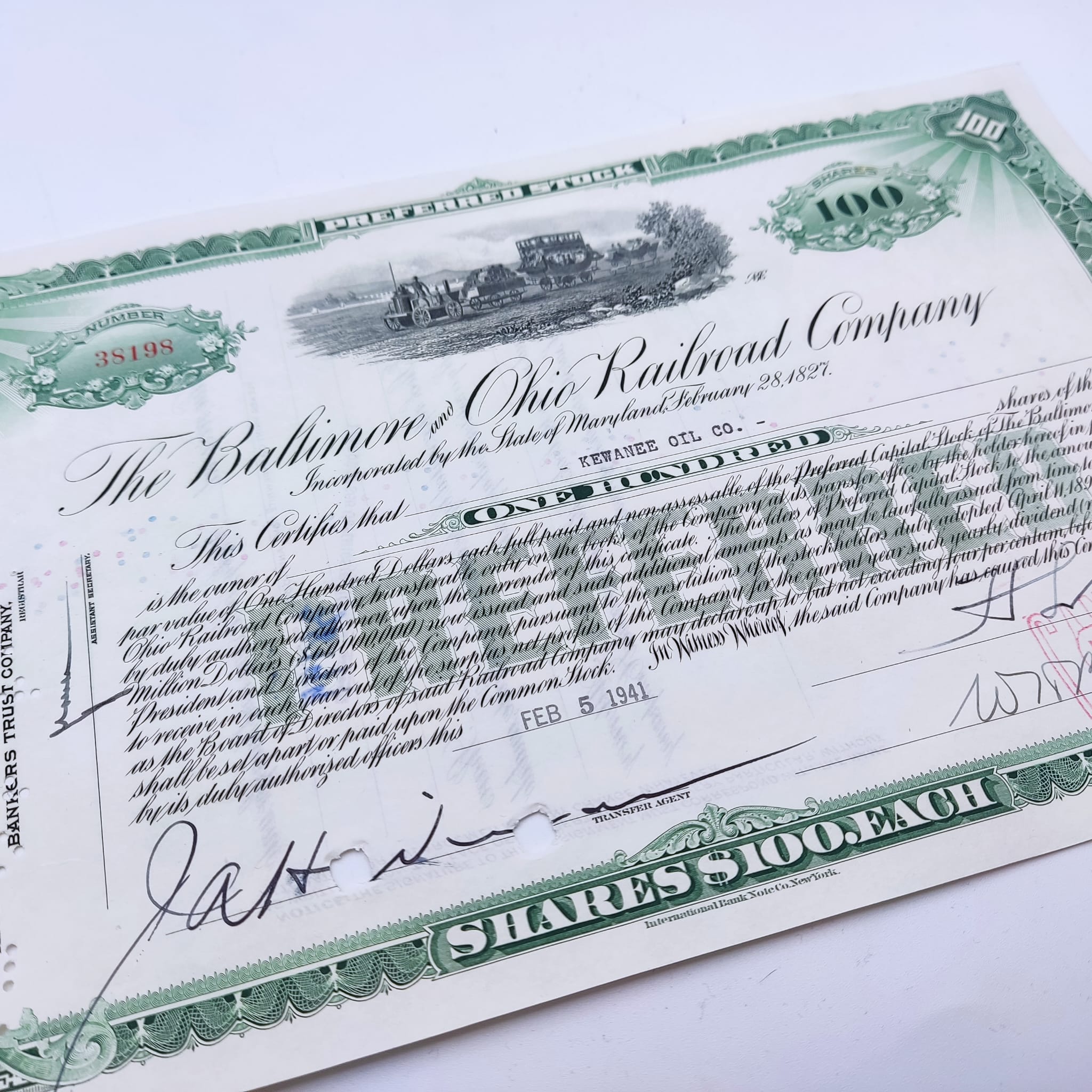 Certificados de acciones de la Baltimore and Ohio Railroad Company El primer ferrocarril de transporte público y el más antiguo de los Estados Unidos