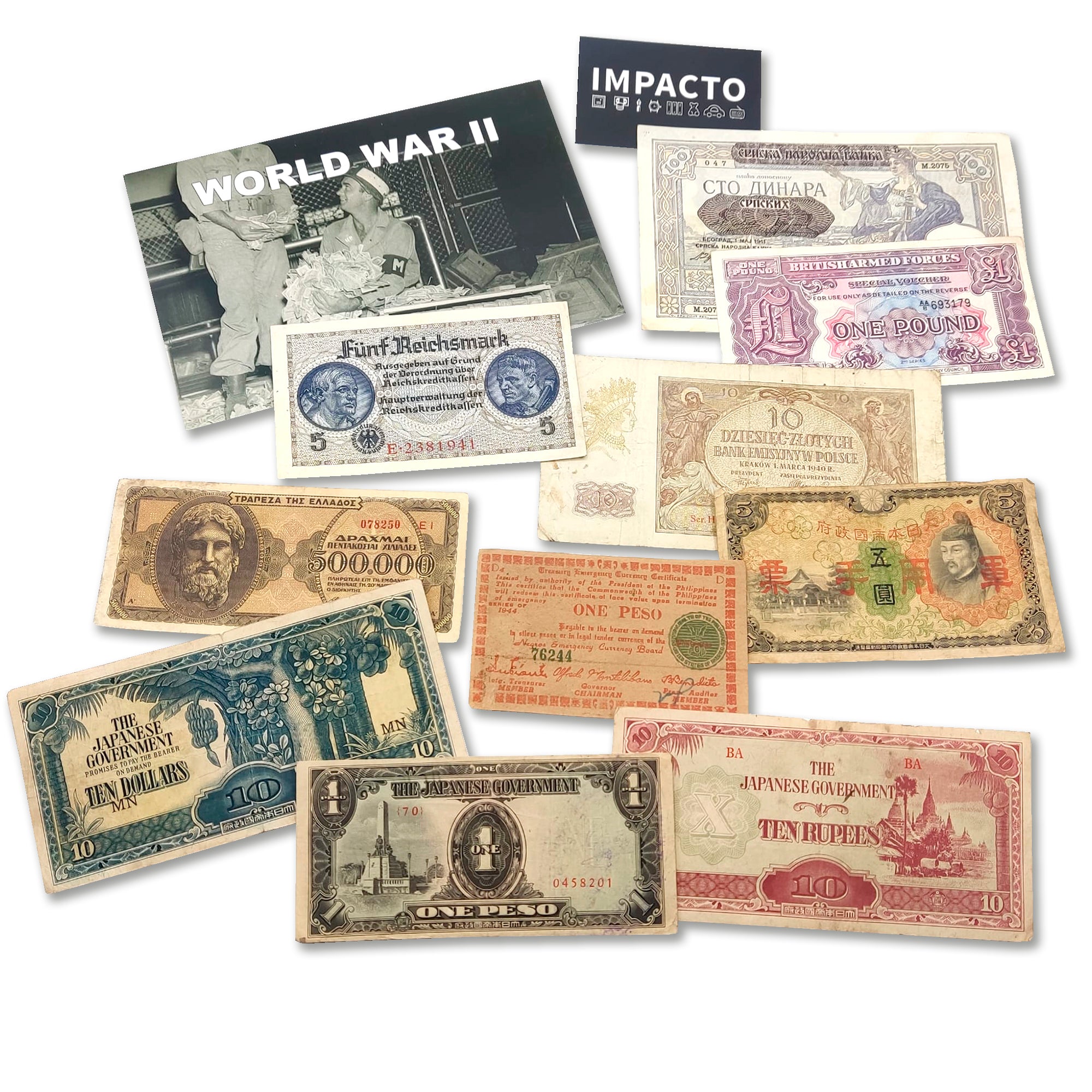 WW2 World Banknotes: 10 Circulated Allied & Axis Banknotes (1939-1945)