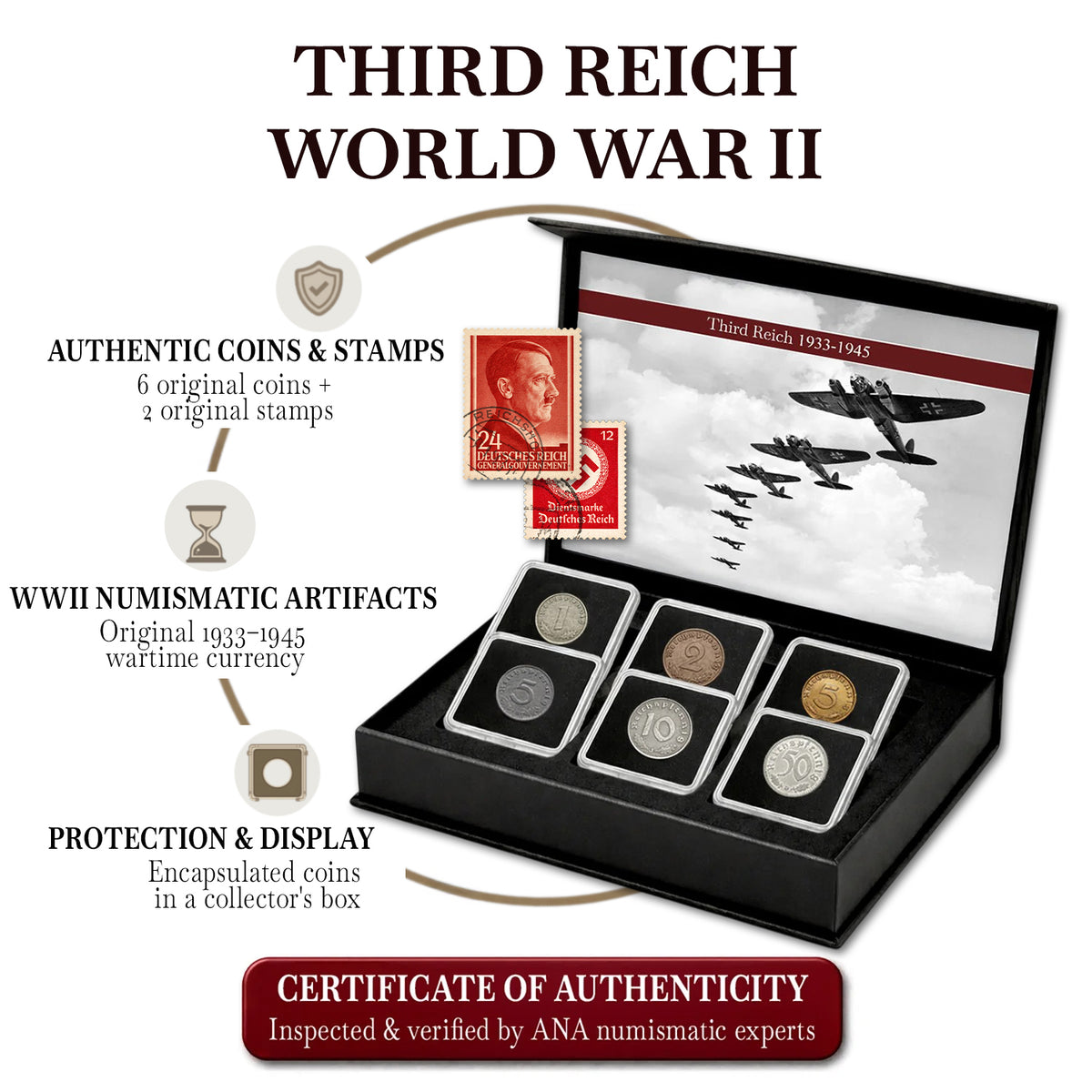 6 monedas auténticas de la Segunda Guerra Mundial - El Tercer Reich (1933-1945) | Certificadas