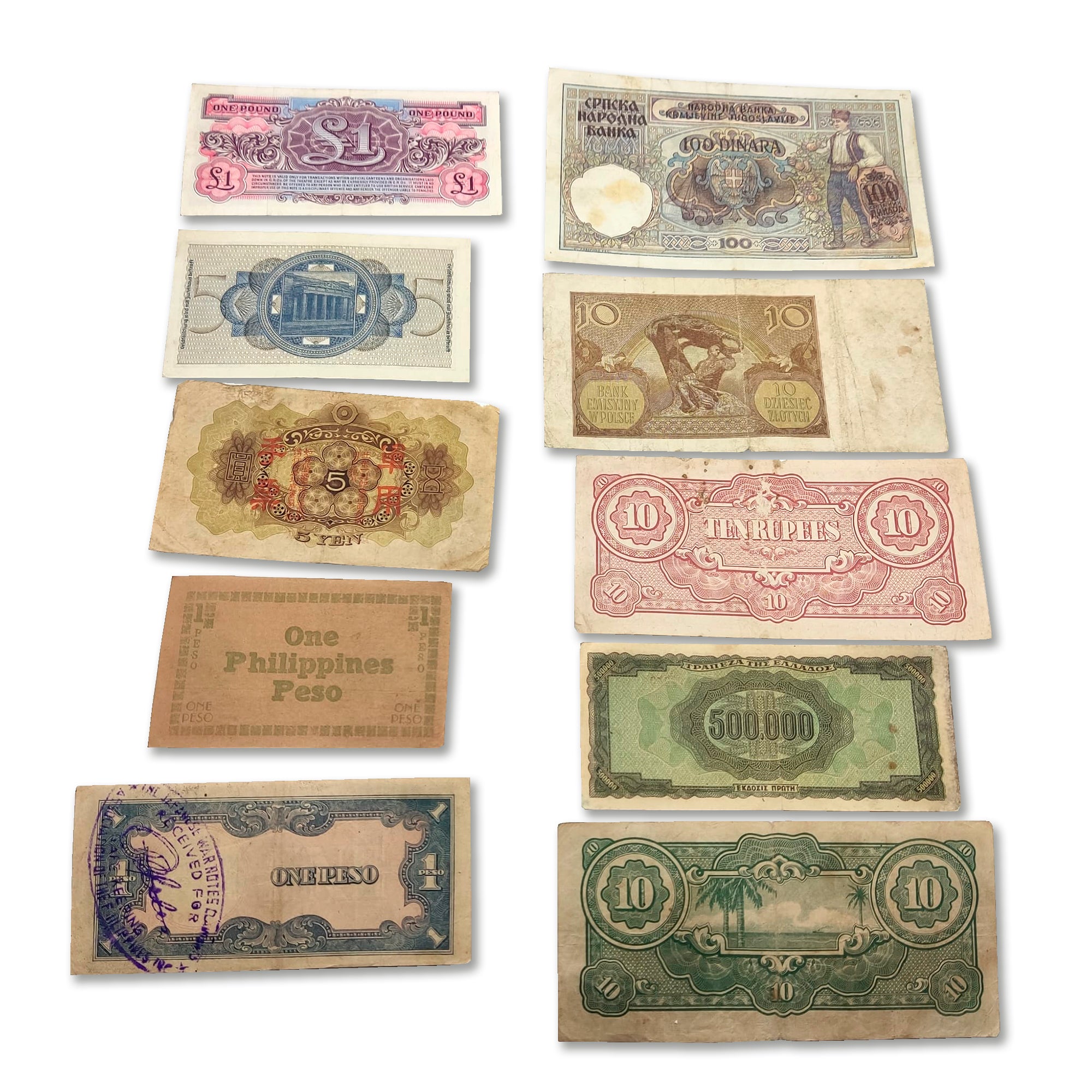 Weltwährung des 2. Weltkriegs – Banknoten zum Aufbau Ihrer Fremdwährungssammlung – 10 im Umlauf befindliche Banknoten der Alliierten und Achsenmächte, ausgegeben 1939–1945 – Banknotensammlung mit Echtheitszertifikat 