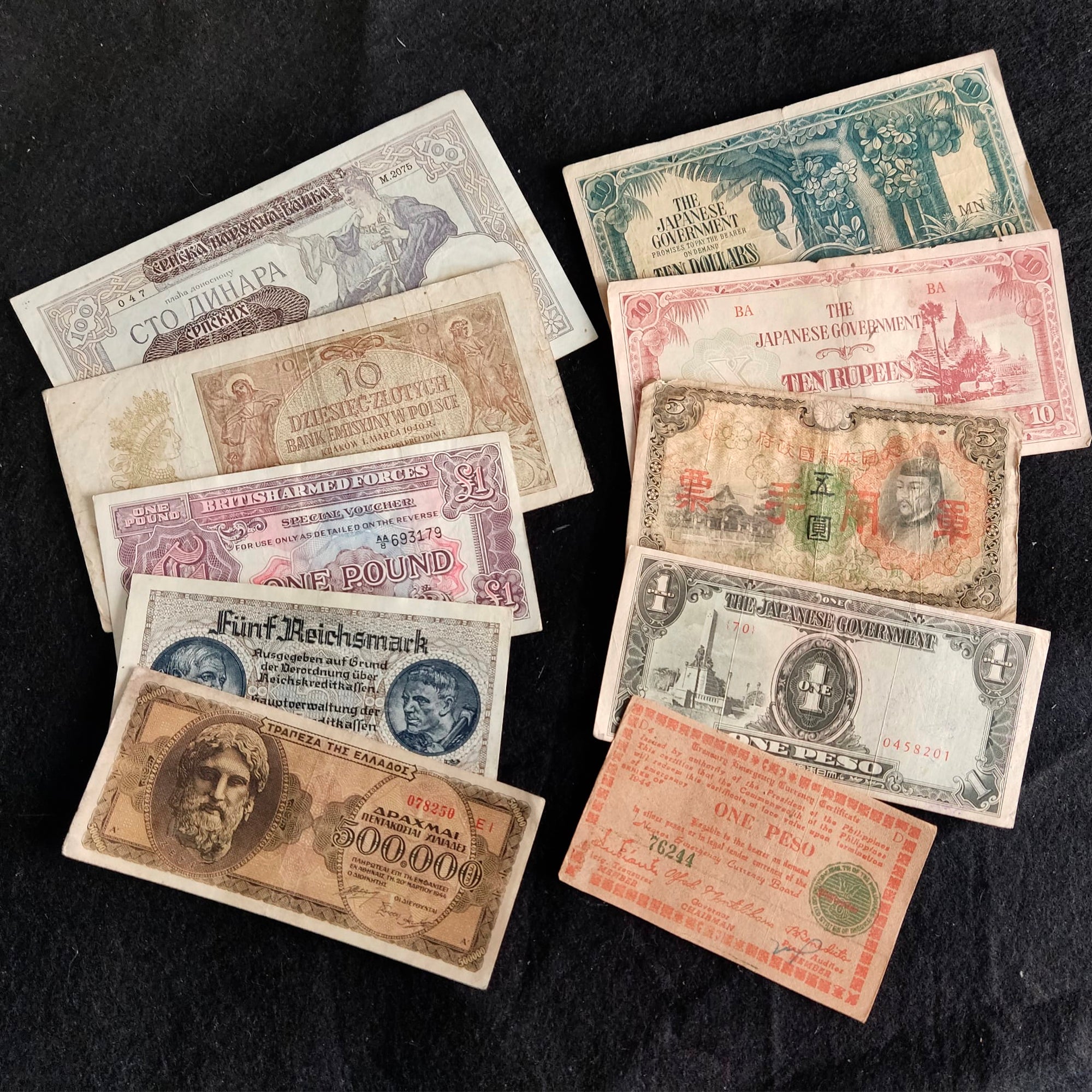 Weltwährung des 2. Weltkriegs – Banknoten zum Aufbau Ihrer Fremdwährungssammlung – 10 im Umlauf befindliche Banknoten der Alliierten und Achsenmächte, ausgegeben 1939–1945 – Banknotensammlung mit Echtheitszertifikat 