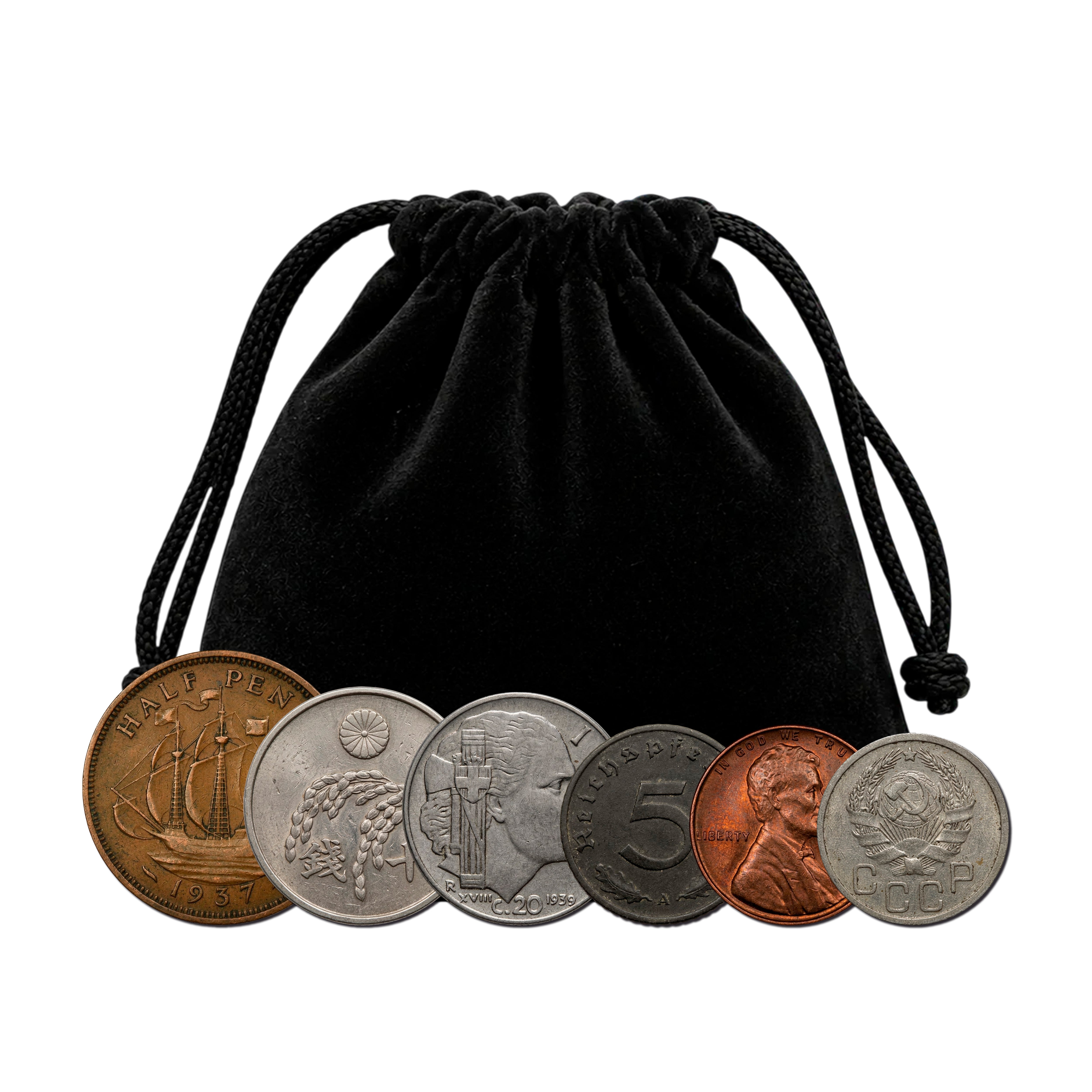 6 monedas auténticas de la Segunda Guerra Mundial - Aliados & Eje en bolsa (1939-1945) | Certificadas