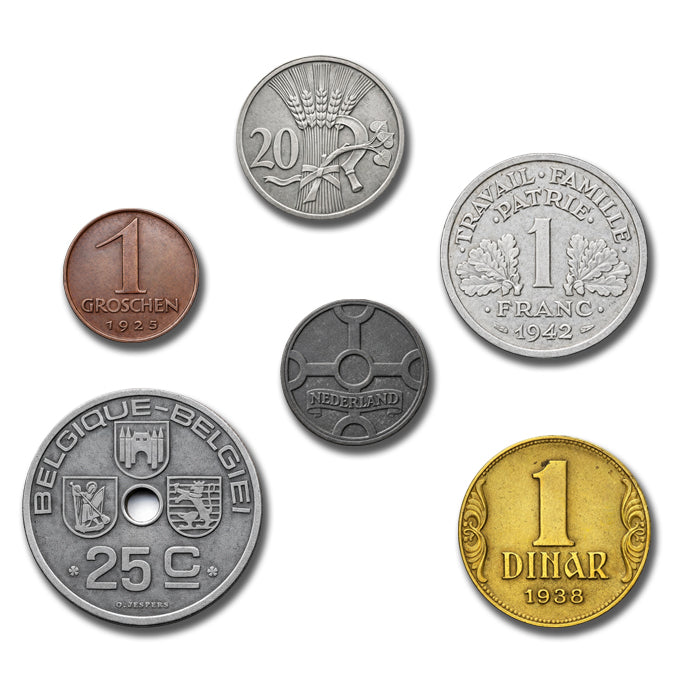 6 monedas auténticas de la Segunda Guerra Mundial - Territorios Ocupados en bolsa (1925-1945) | Certificadas