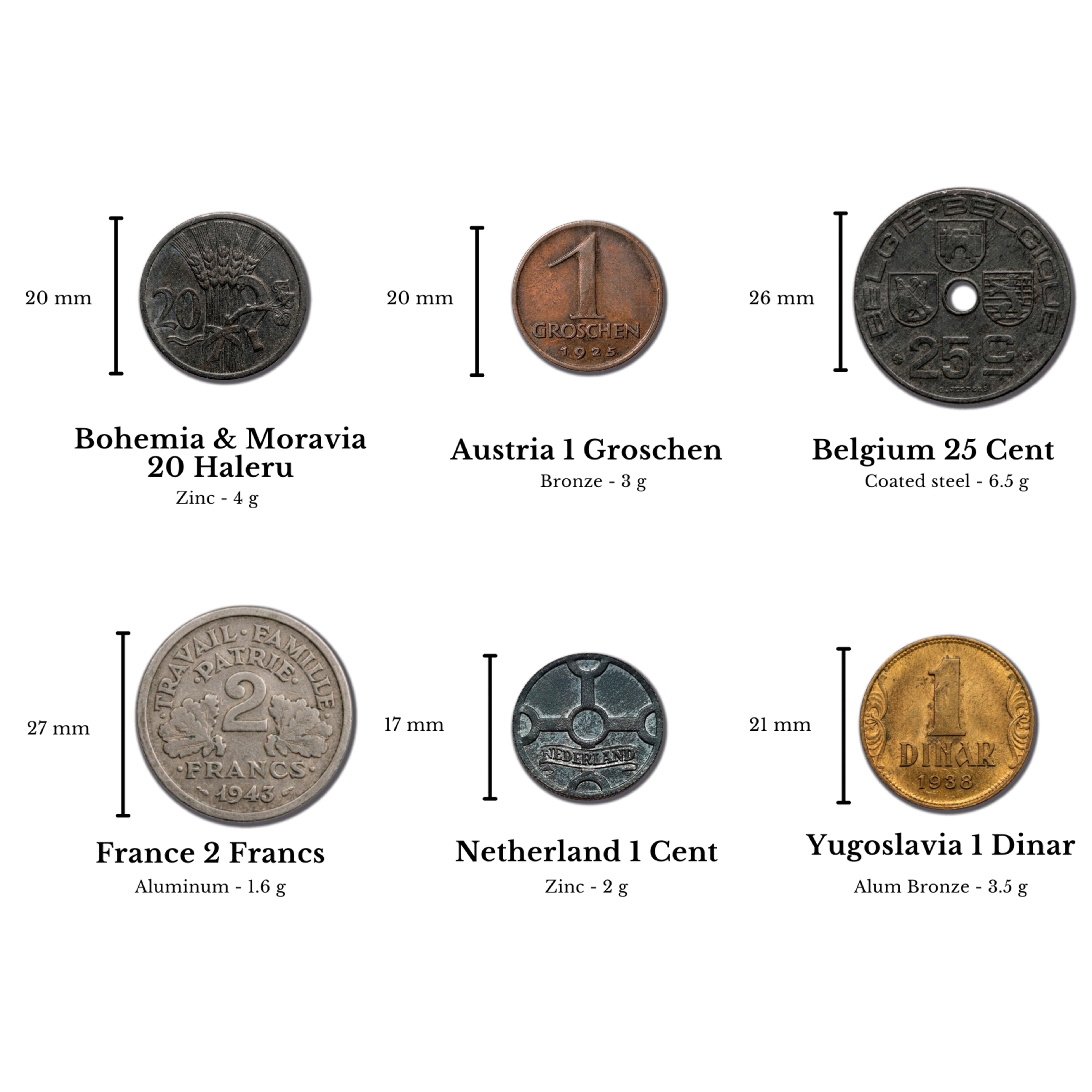 6 authentic World War II coins - Occupied Territories in bag (1925-1945) | Certified