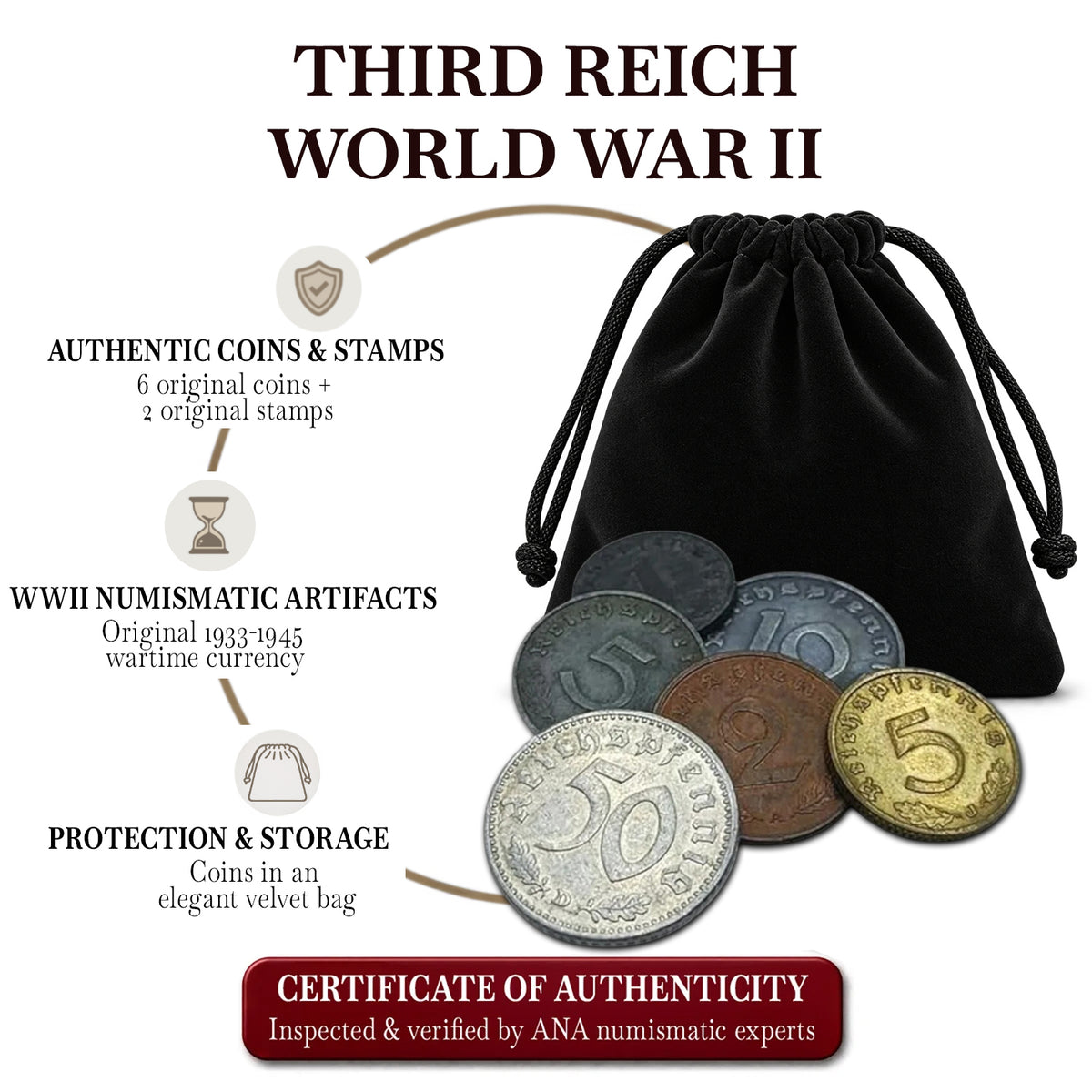 6 monete autentiche della Seconda Guerra Mondiale - Terzo Reich in busta (1936-1945) | Certificate