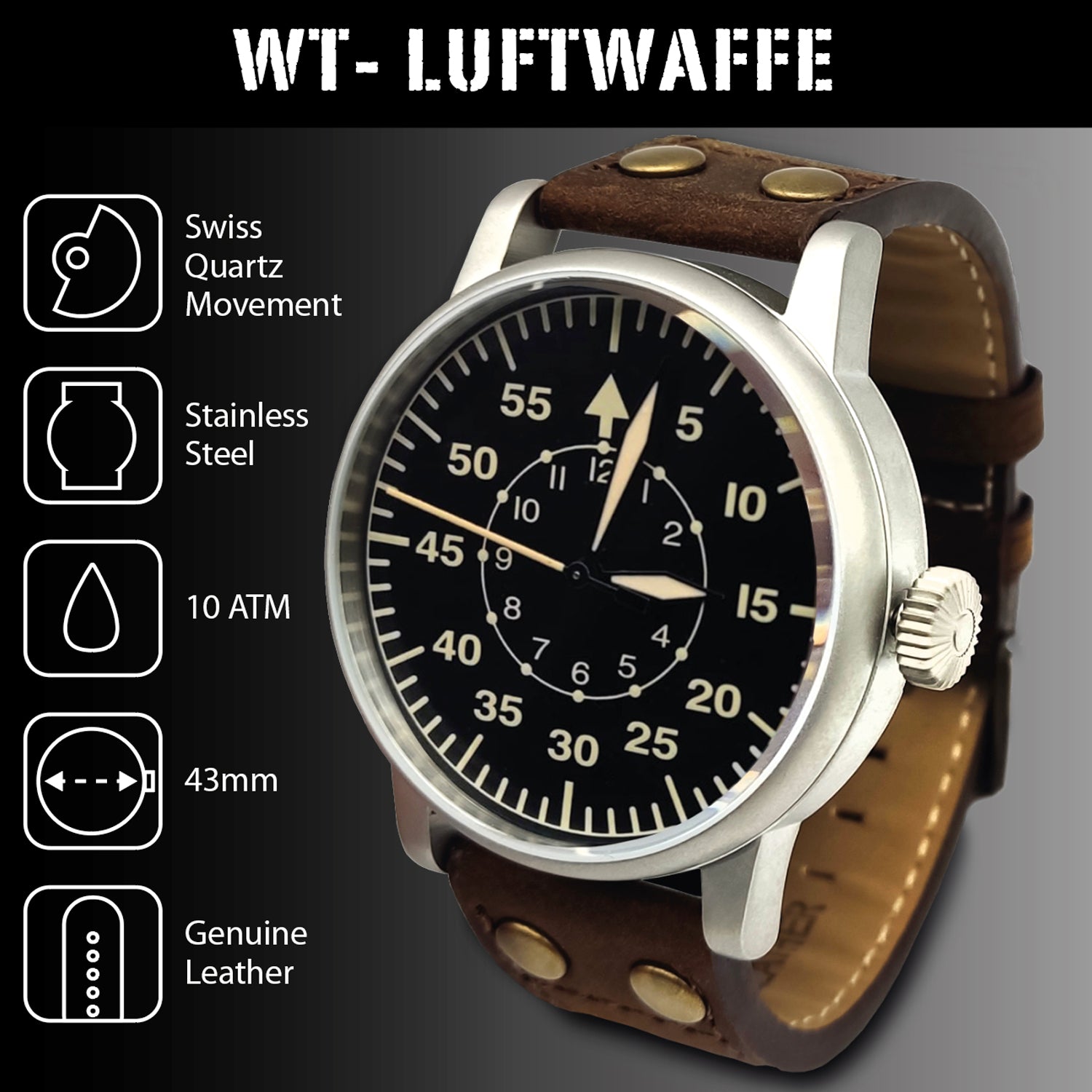 WW2 Luftwaffe Military Watch: Swiss-Quartz, Black, Water Resistant