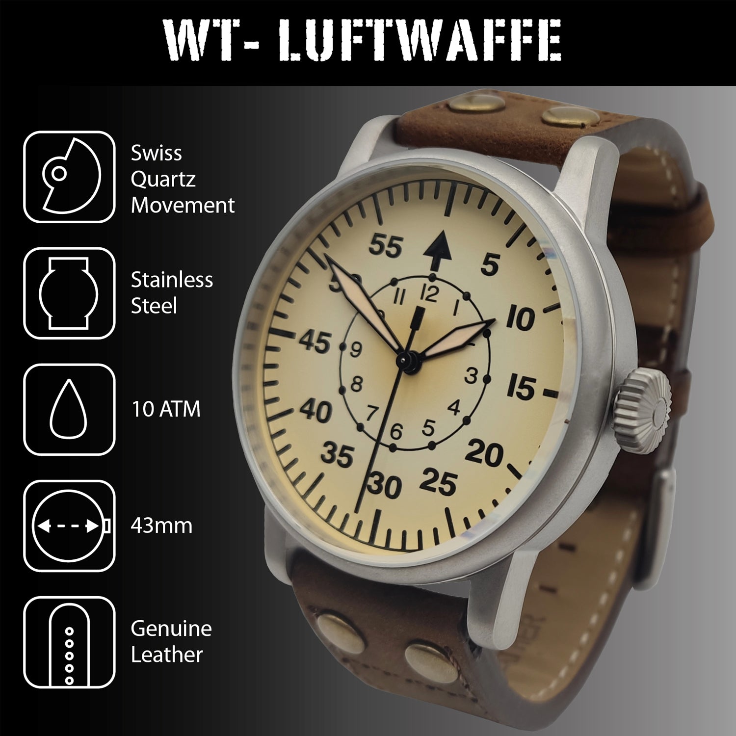 WW2 Luftwaffe Military Watch: Light Design, Swiss-Quartz, Water Resistant