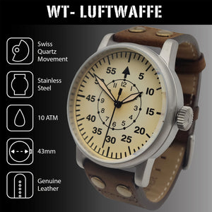 WW2 Military Watch - Vintage Luftwaffe Watch Light, Swiss-Quartz Movement with Genuine Leather Strap and 10 ATM Water Resistant. The Perfect WW2 Memorabilia. Mens Watches for Ever