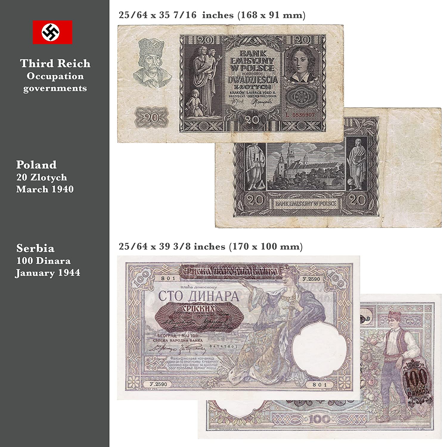 2 Banknoten, die während des Zweiten Weltkriegs von den Deutschen zur Invasion fremder Gebiete verwendet wurden (1939–1945) – das Invasionsgeld des Dritten Reichs, inklusive Echtheitszertifikat. 