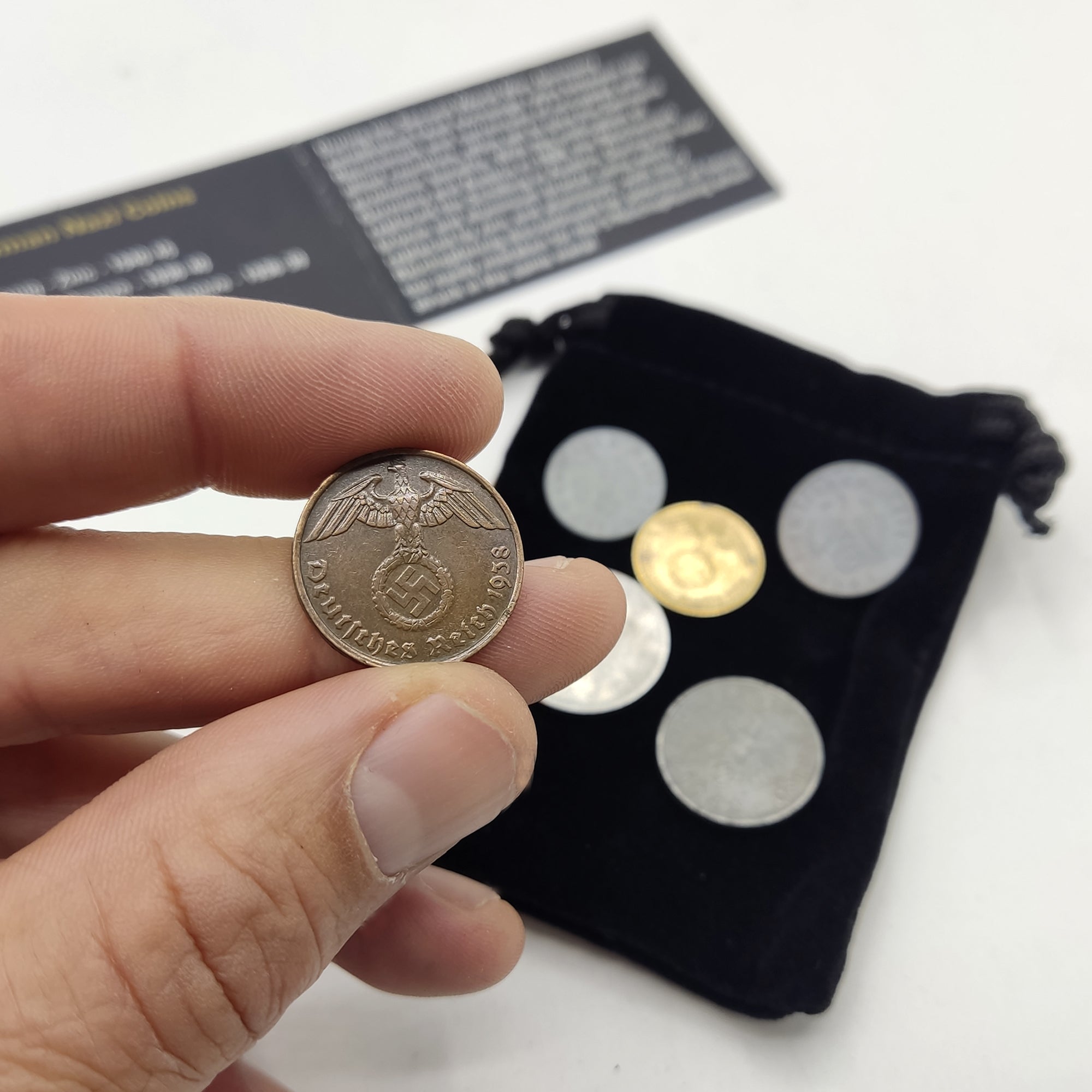 WW2 Nazi Coins Collection: 6 Coins Issued (1936-1945) in Velvet Bag