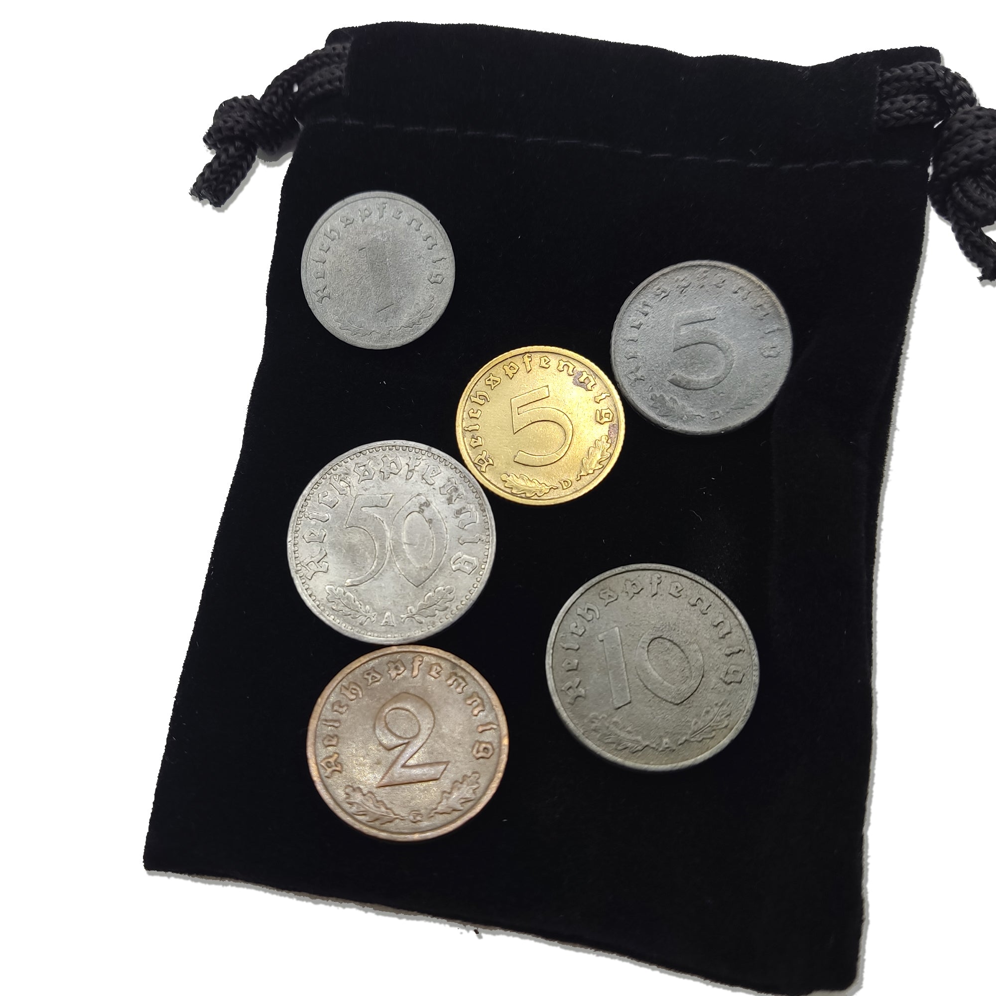 WW2 Nazi Coins Collection: 6 Coins Issued (1936-1945) in Velvet Bag