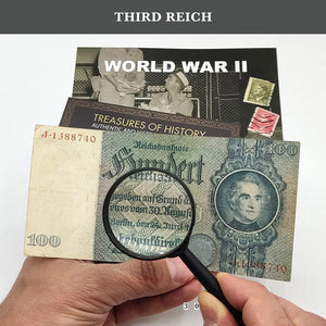 WWII German Third Reich Collection - 100 Reichsmark note + 10 Reichspfennig coin + 2 stamps from Bohemia. Certificate of Authenticity included