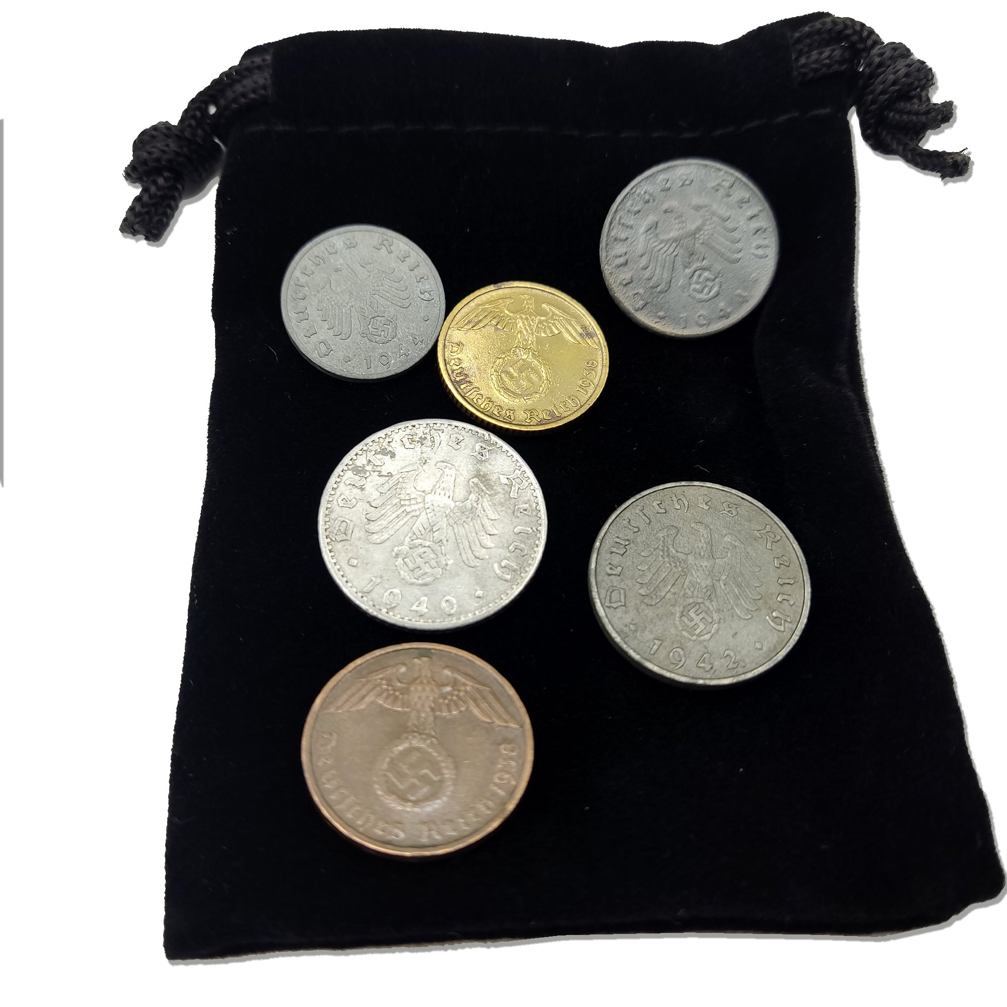 WW2 Nazi Coins Collection: 6 Coins Issued (1936-1945) in Velvet Bag