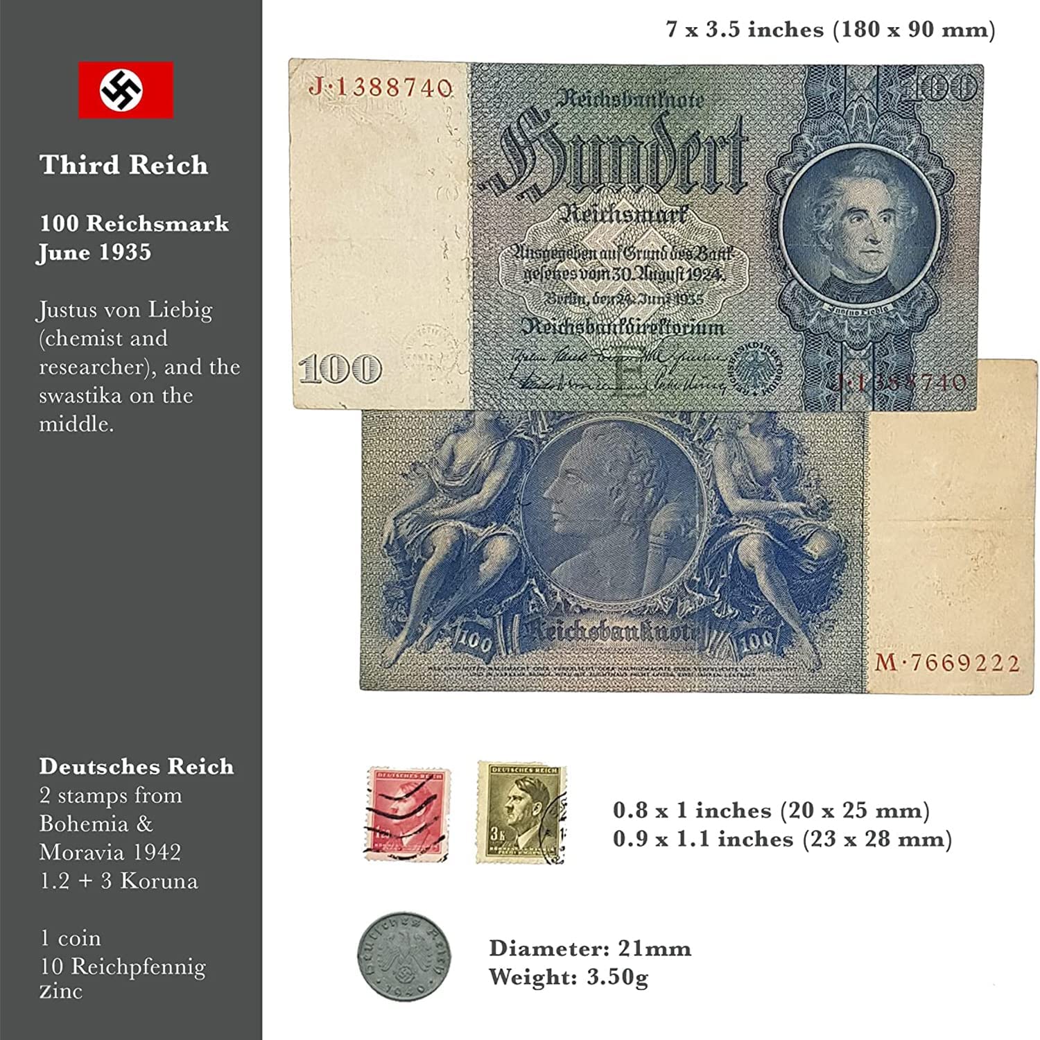 WWII German Third Reich Collection - 100 Reichsmark note + 10 Reichspfennig coin + 2 stamps from Bohemia. Certificate of Authenticity included