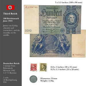 WWII German Third Reich Collection - 100 Reichsmark note + 10 Reichspfennig coin + 2 stamps from Bohemia. Certificate of Authenticity included